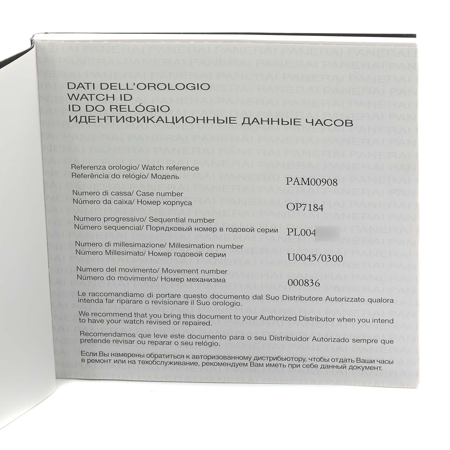 The image shows documentation for a Panerai Luminor PAM00908 Men's Rose Gold Black Dial watch, including reference and serial numbers.