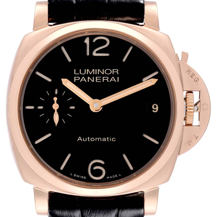 The image shows a front view of a Panerai Luminor watch, highlighting the black dial, hands, and distinctive crown guard.