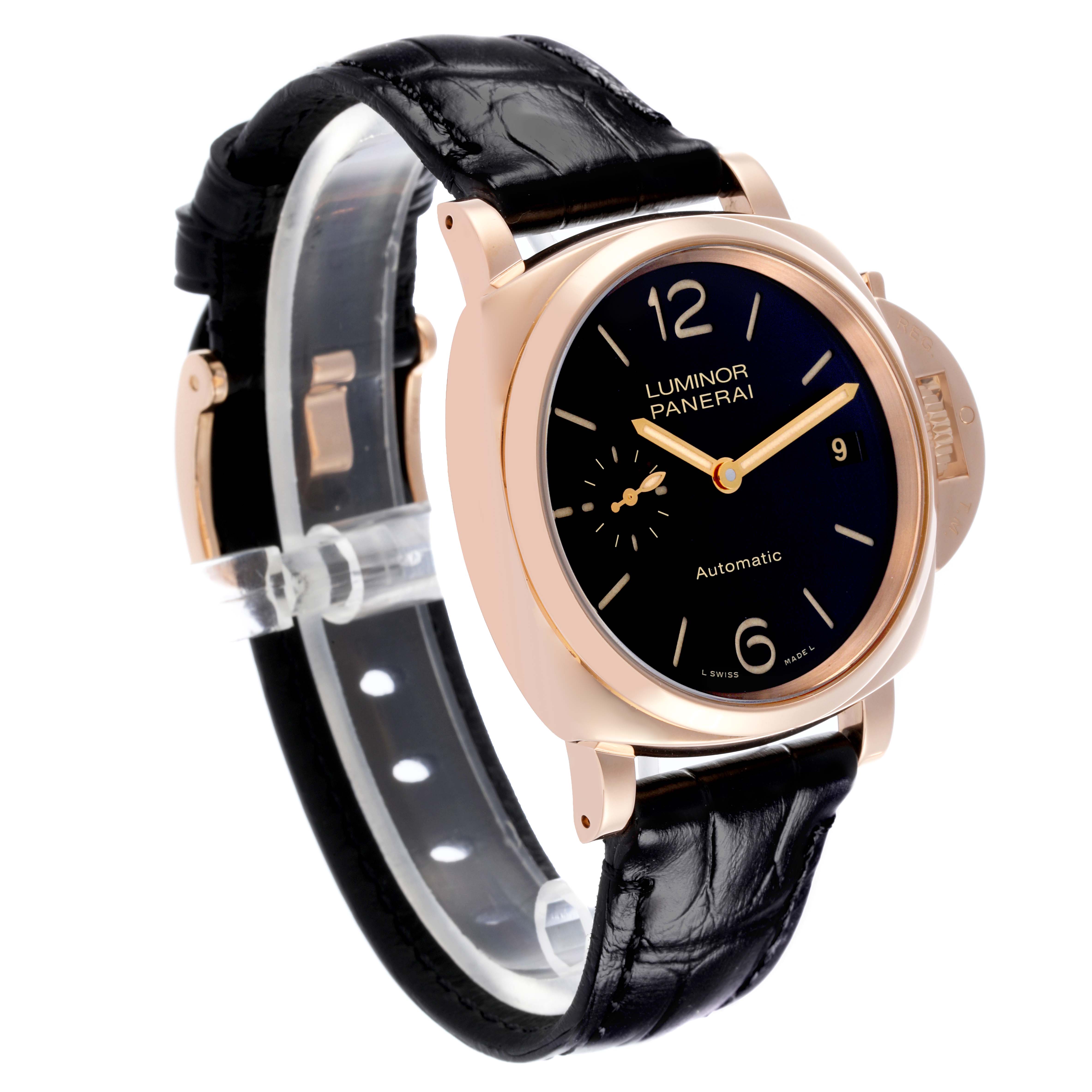 The Panerai Luminor PAM00908 Men's Rose Gold Black Dial PAM00908 Men's Rose Gold Black Dial watch is shown at a front-right angle, highlighting the dial, crown guard, and leather strap.