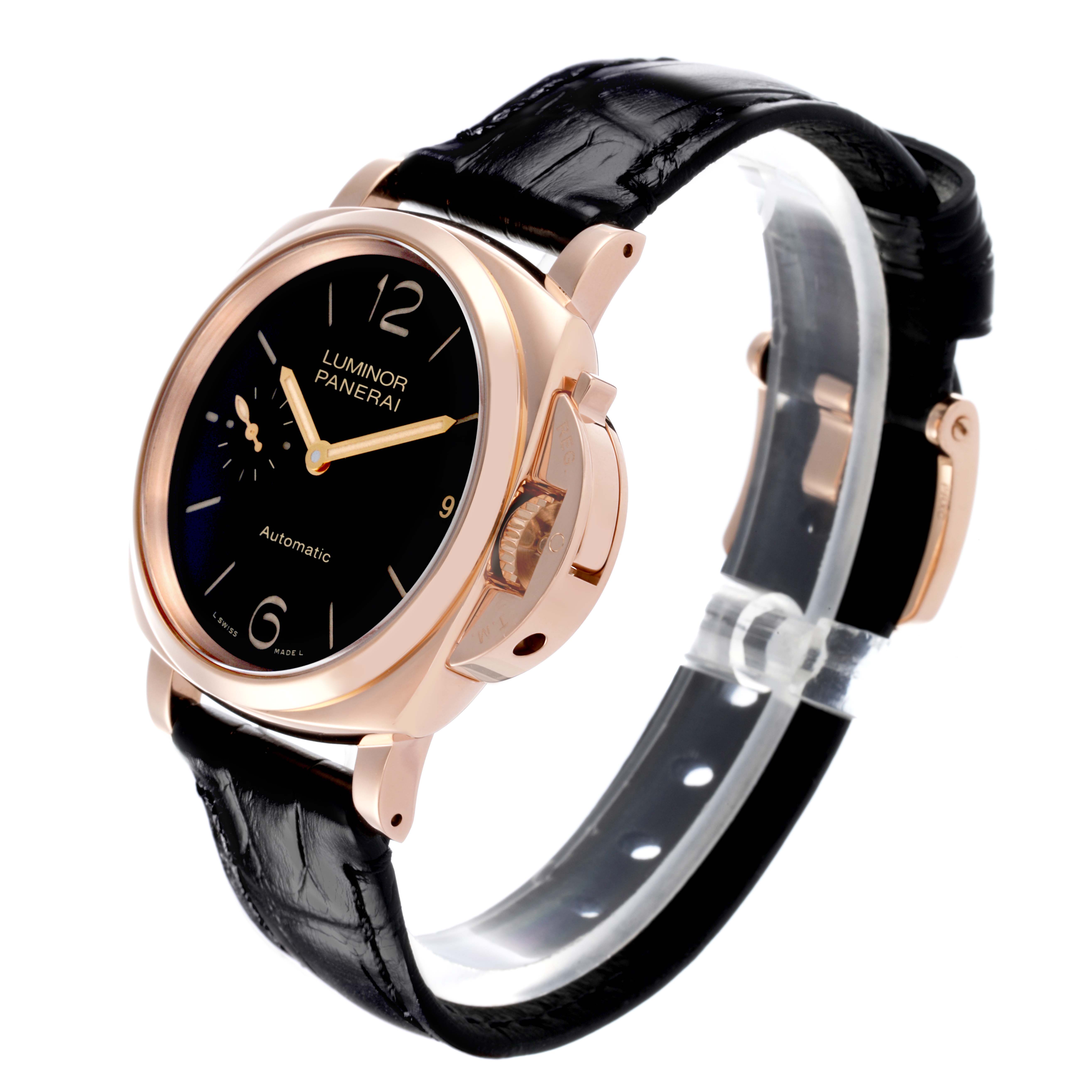The Panerai Luminor PAM00908 Men's Rose Gold Black Dial PAM00908 Men's Rose Gold Black Dial watch is shown at a three-quarter angle, highlighting the case, crown guard, and black leather strap.