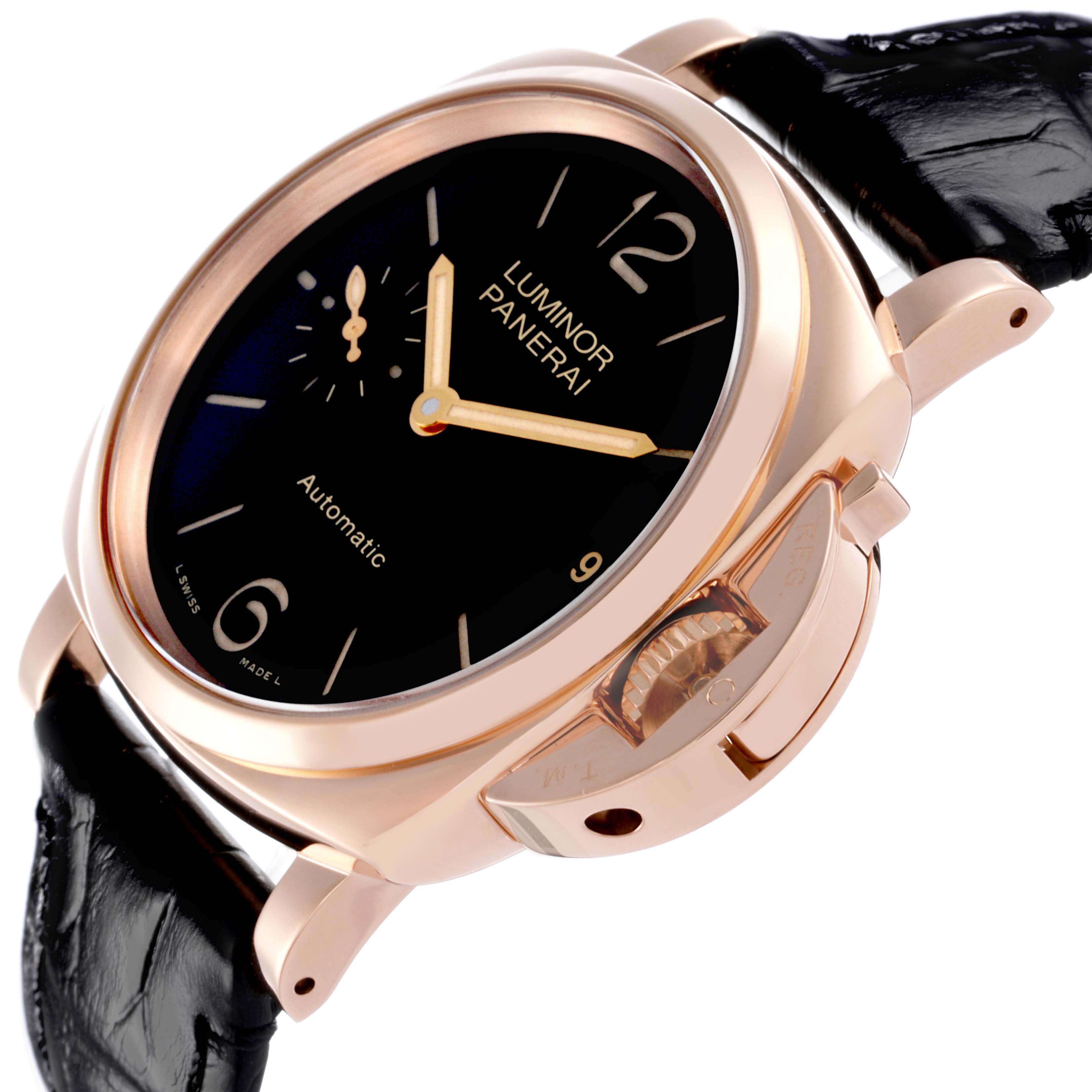 The Panerai Luminor PAM00908 Men's Rose Gold Black Dial PAM00908 Men's Rose Gold Black Dial watch is shown from an angled side view, highlighting its crown guard and gold case.