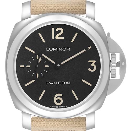 The Panerai Luminor PAM01710 Men's Stainless Steel Black Dial watch is shown from the front, displaying the dial, case, crown guard, and strap.