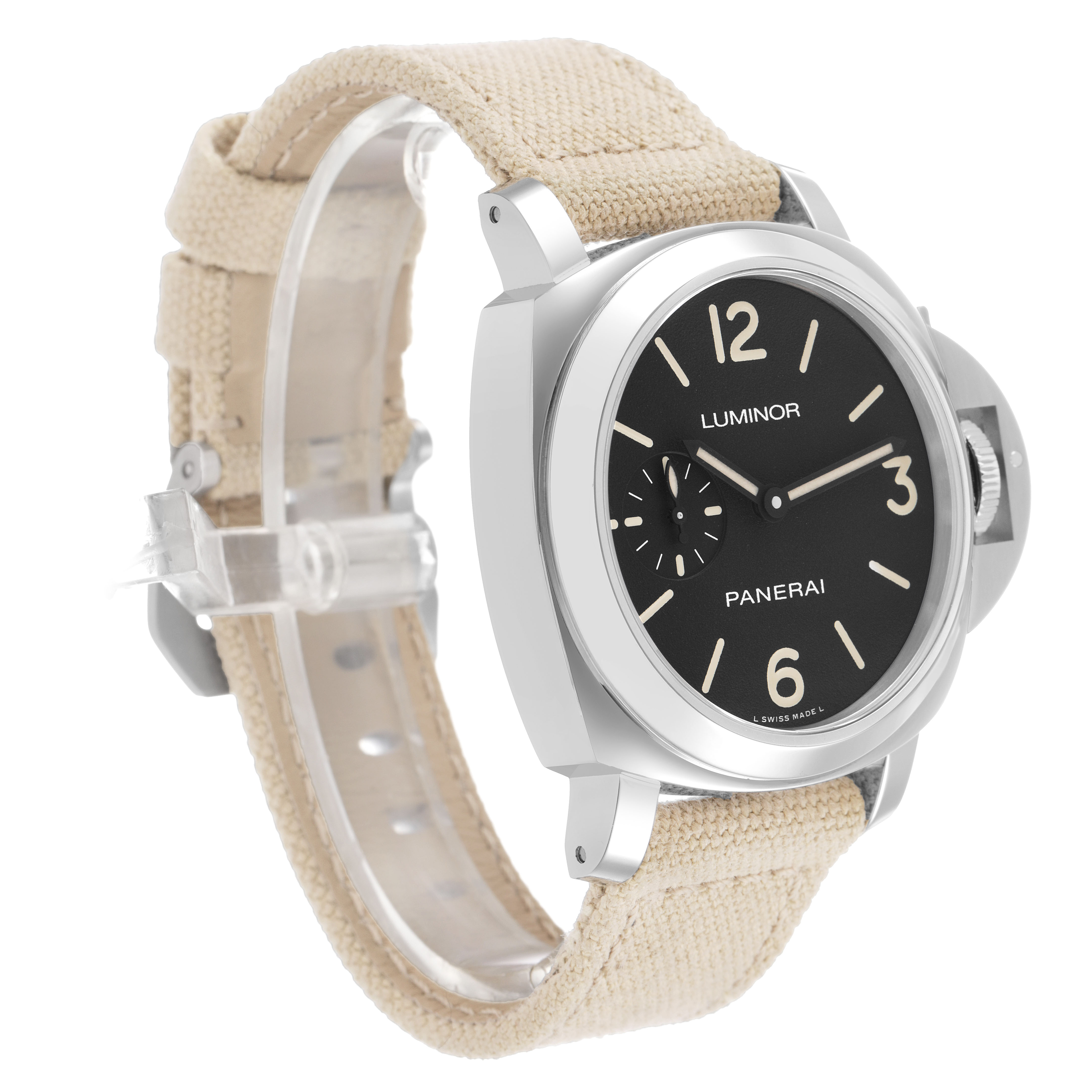 The Panerai Luminor PAM01710 Men's Stainless Steel Black Dial watch is shown at a three-quarter angle, highlighting the face, case, and beige strap.