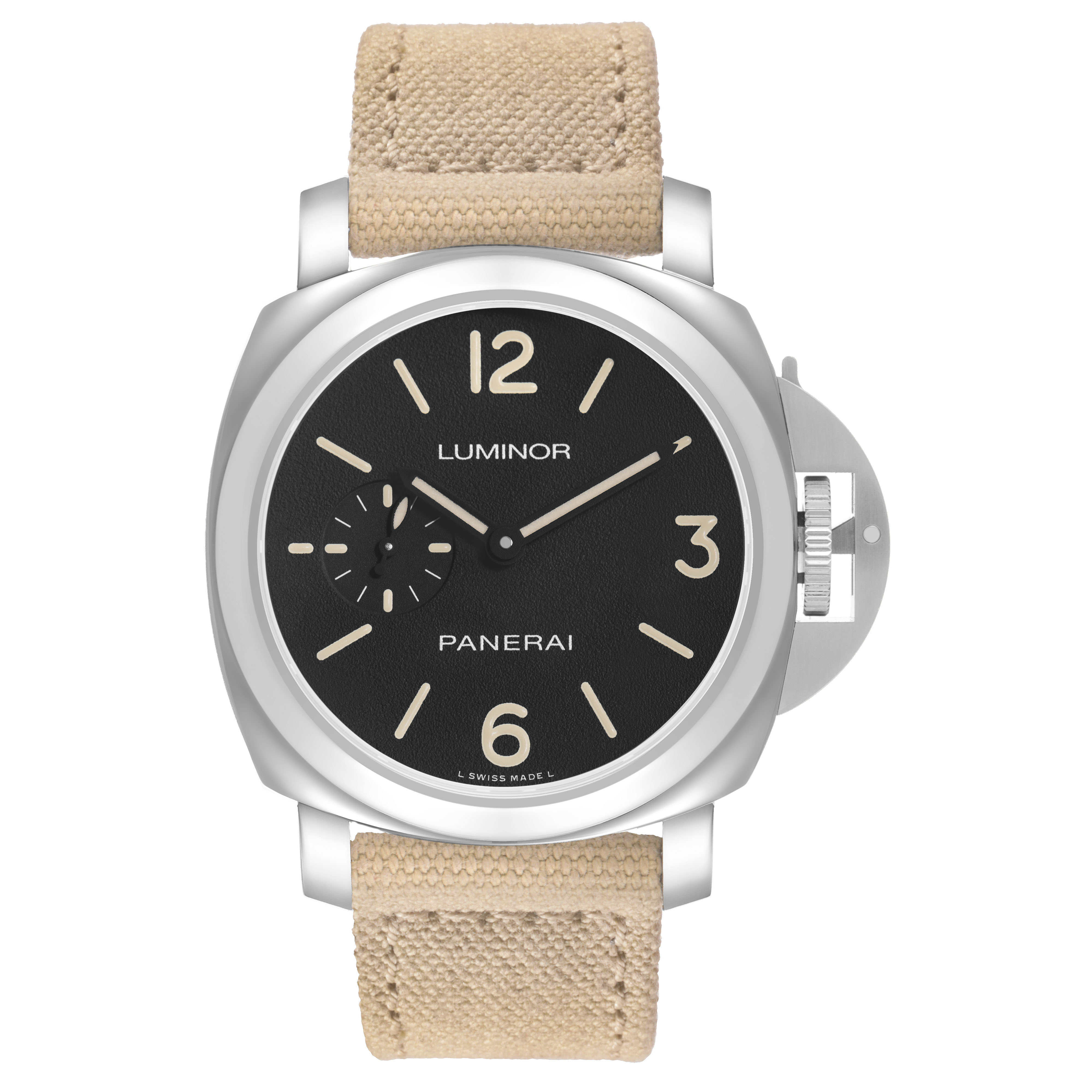 The Panerai Luminor PAM01710 Men's Stainless Steel Black Dial watch is shown from a front angle, highlighting its face, beige strap, and crown guard.