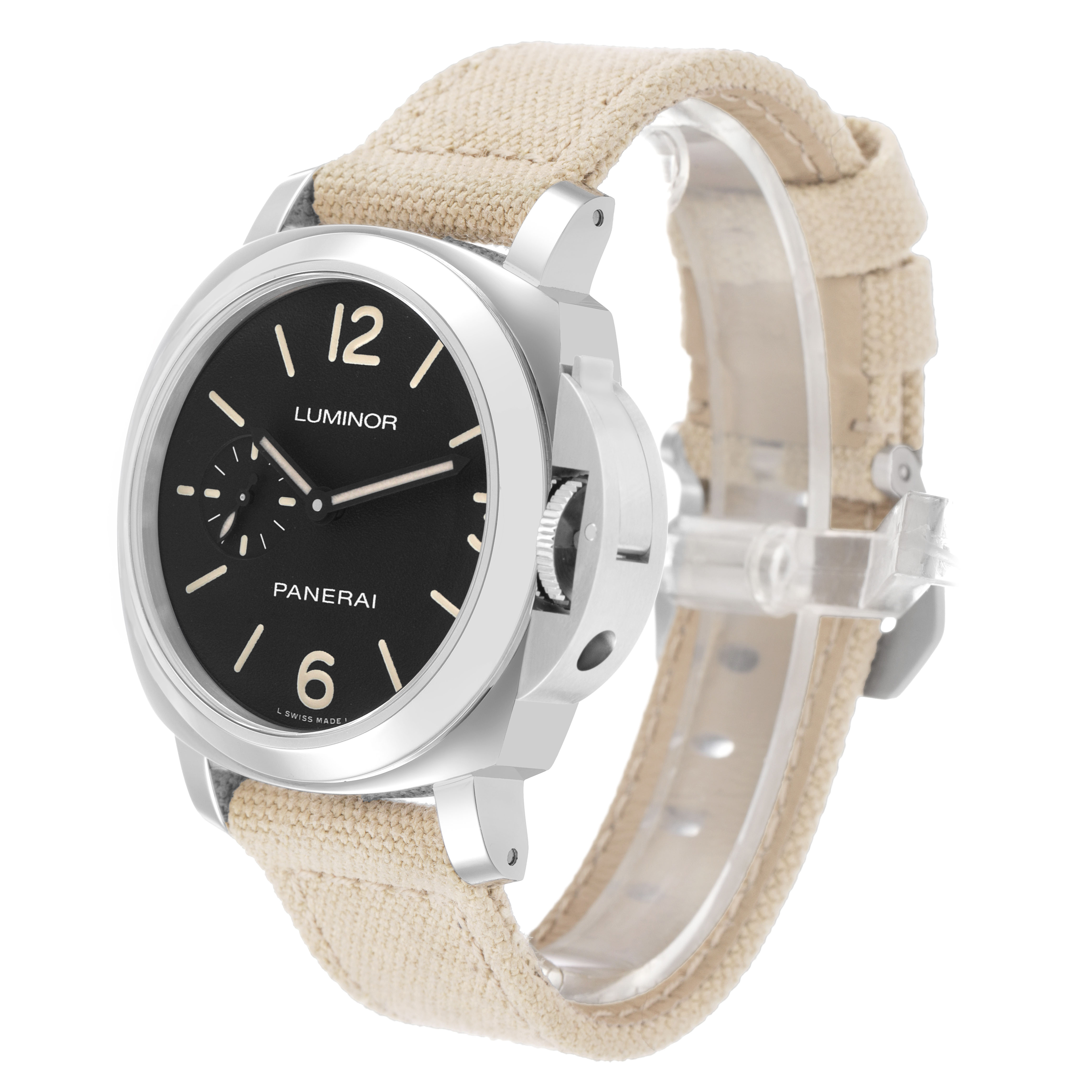 The Panerai Luminor PAM01710 Men's Stainless Steel Black Dial watch is shown at a three-quarter angle, displaying the face, bezel, crown guard, and beige strap.