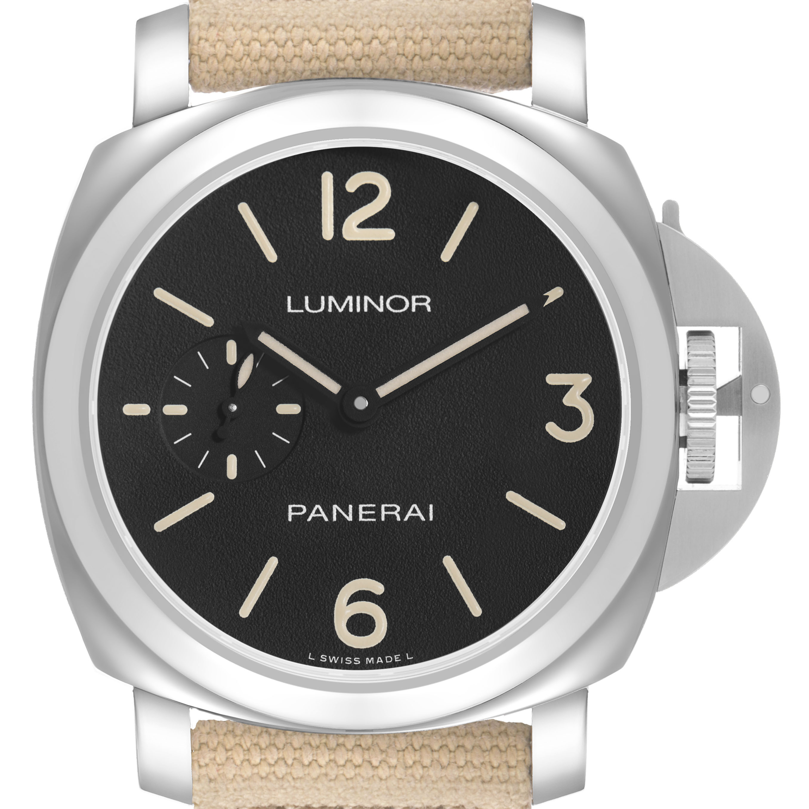 The Panerai Luminor PAM01710 Men's Stainless Steel Black Dial watch is shown from the front, highlighting its dial and crown guard.