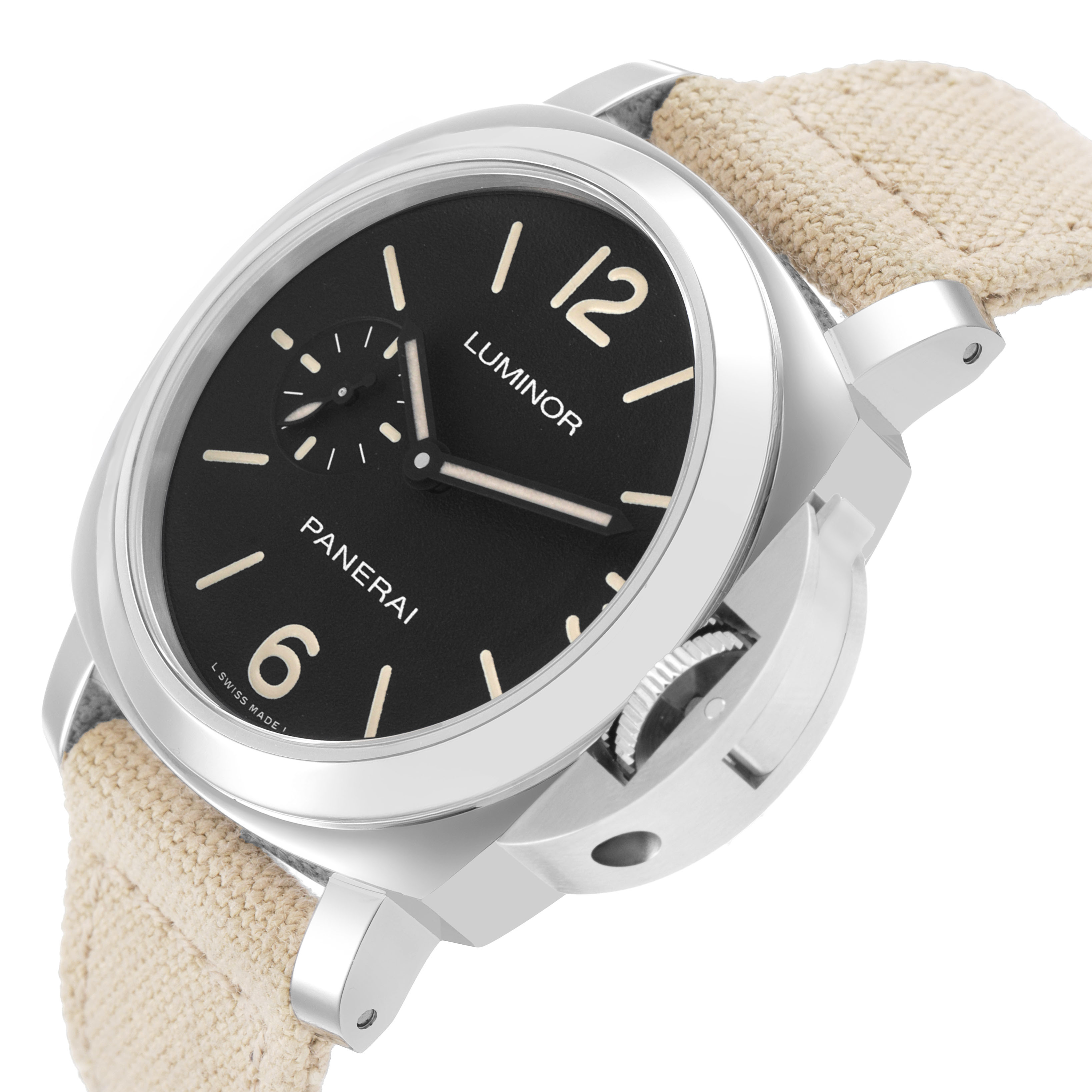 The image shows a Panerai Luminor PAM01710 Men's Stainless Steel Black Dial watch at an angled view highlighting the dial, case, crown guard, and beige fabric strap.
