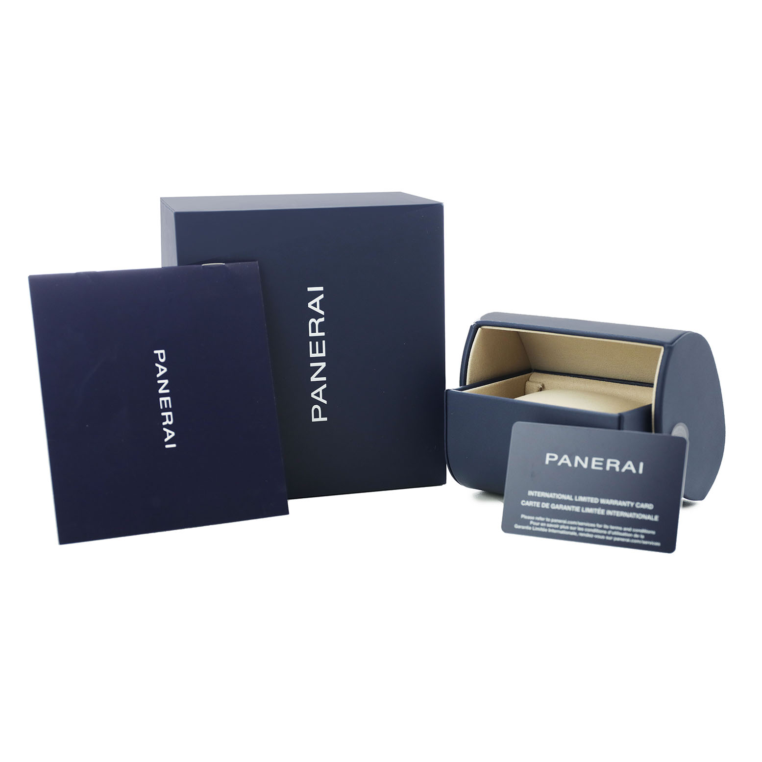 The image shows the packaging and warranty card for a Panerai Luminor PAM01710 Men's Stainless Steel Black Dial watch, viewed from the front.