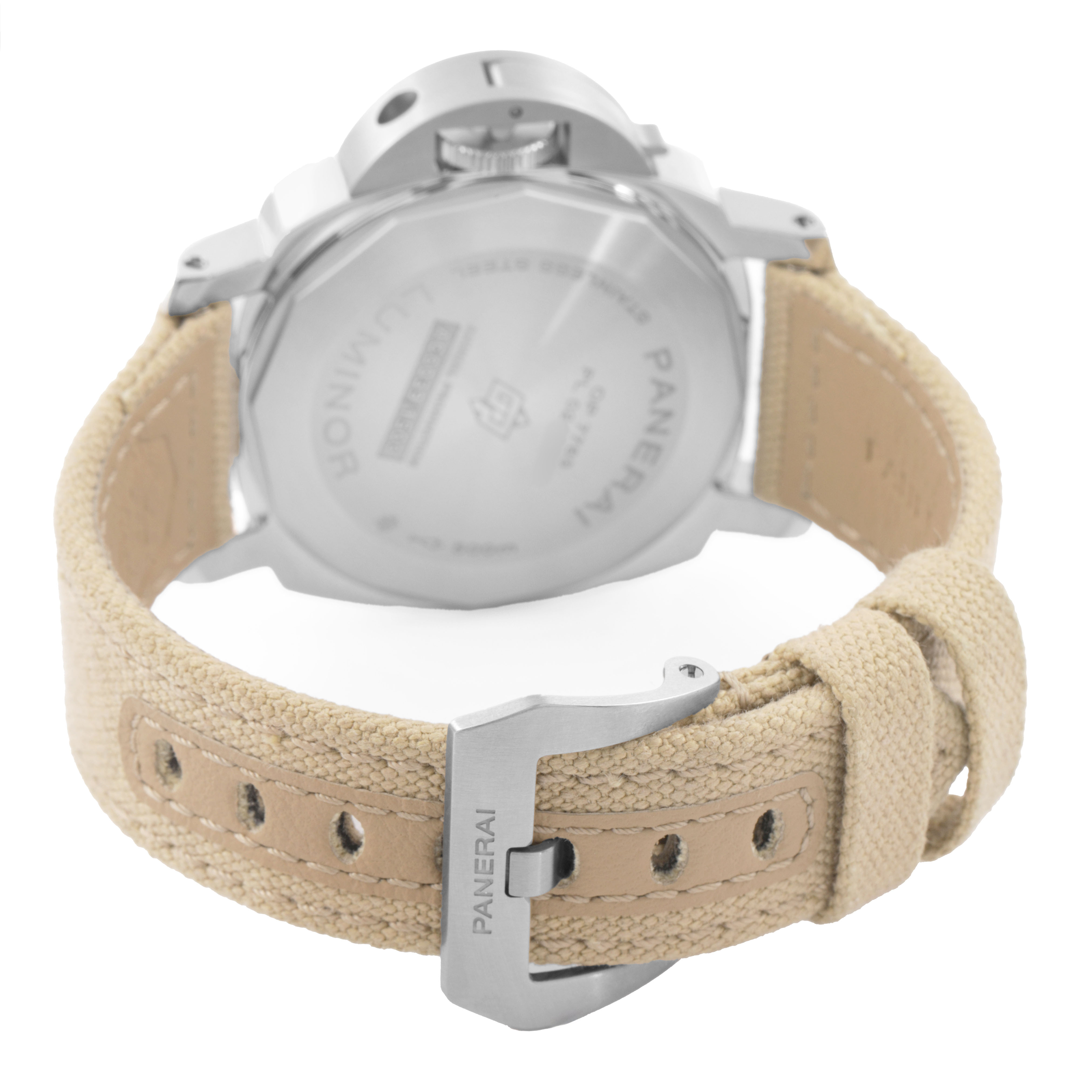 The image shows the back of the Panerai Luminor PAM01710 Men's Stainless Steel Black Dial watch, highlighting the case back, crown guard, and beige strap with a buckle.