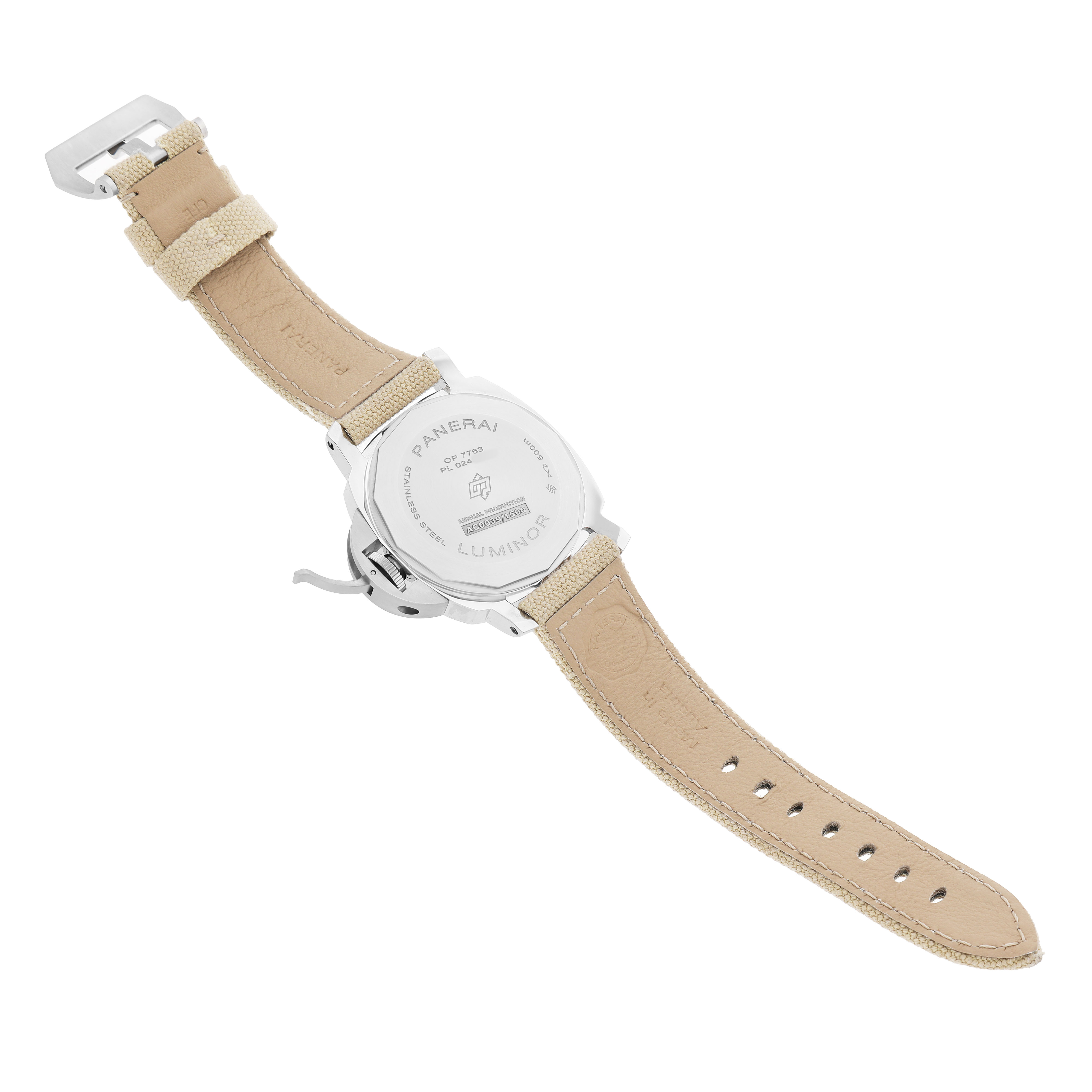 The image shows the backside of a Panerai Luminor PAM01710 Men's Stainless Steel Black Dial watch, highlighting the case back, leather strap, and buckle.