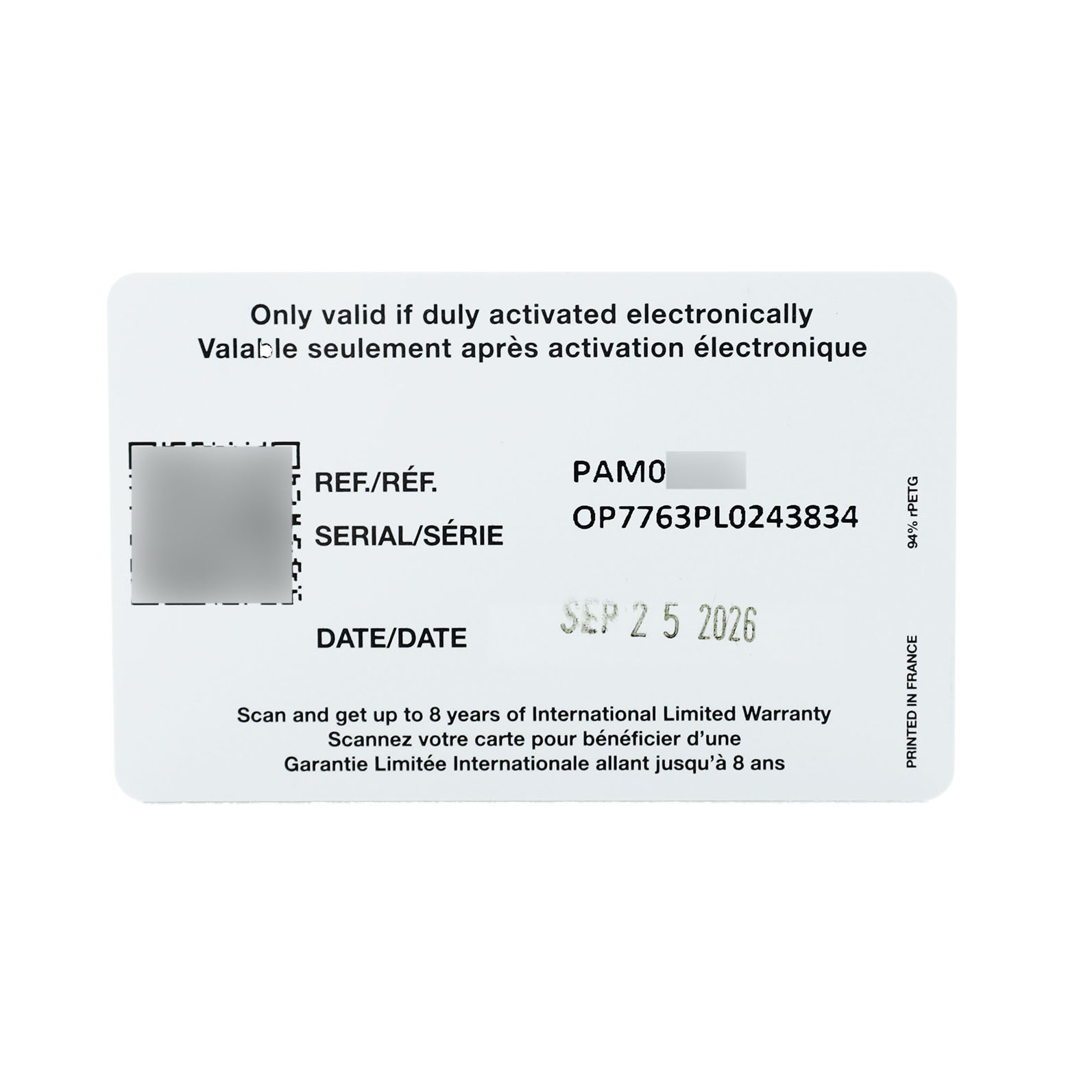 The image shows the warranty card for a Panerai Luminor PAM01710 Men's Stainless Steel Black Dial watch, displaying the model, serial number, and validity information.