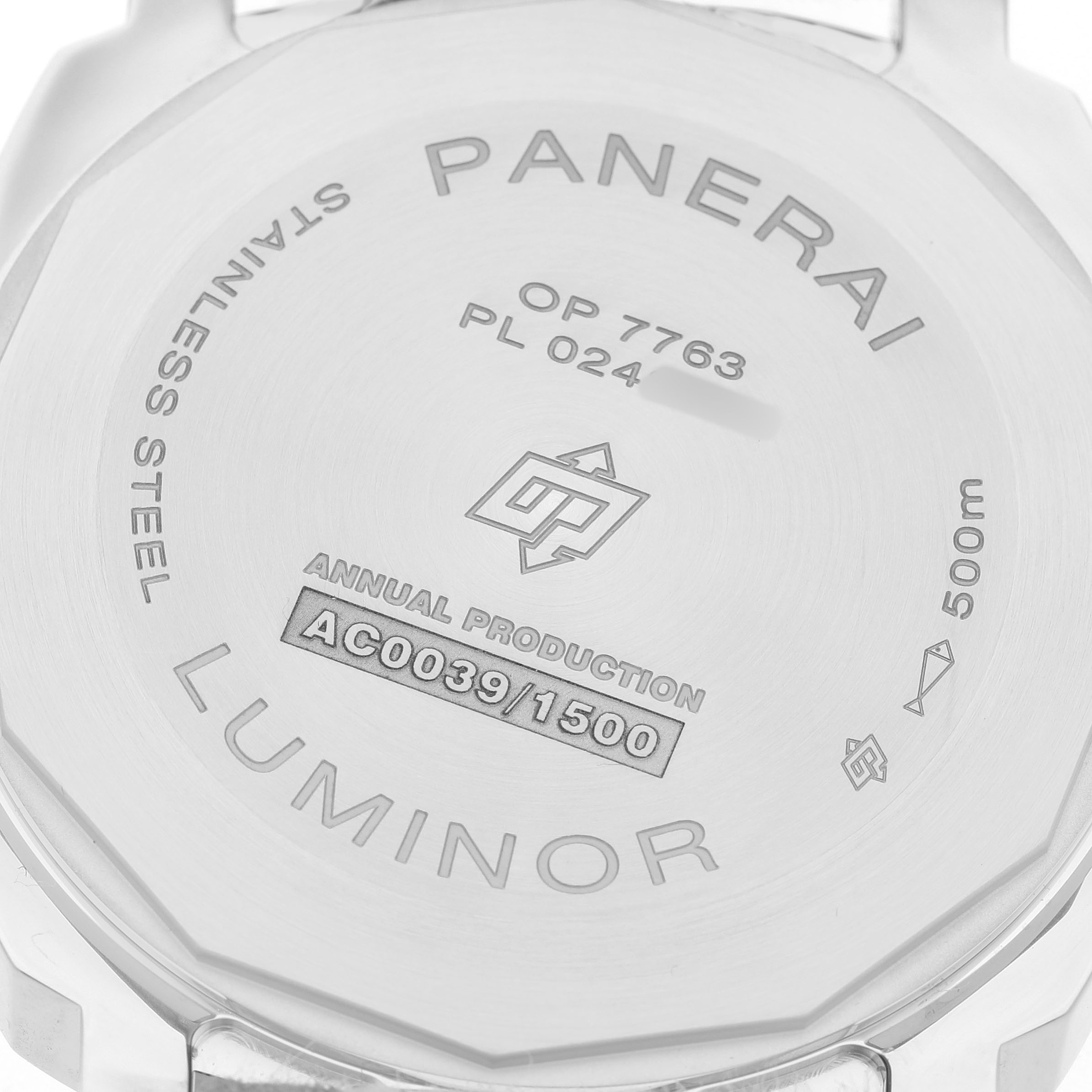 The image shows the back of a Panerai Luminor PAM01710 Men's Stainless Steel Black Dial watch, highlighting its engraved stainless steel case and production details.