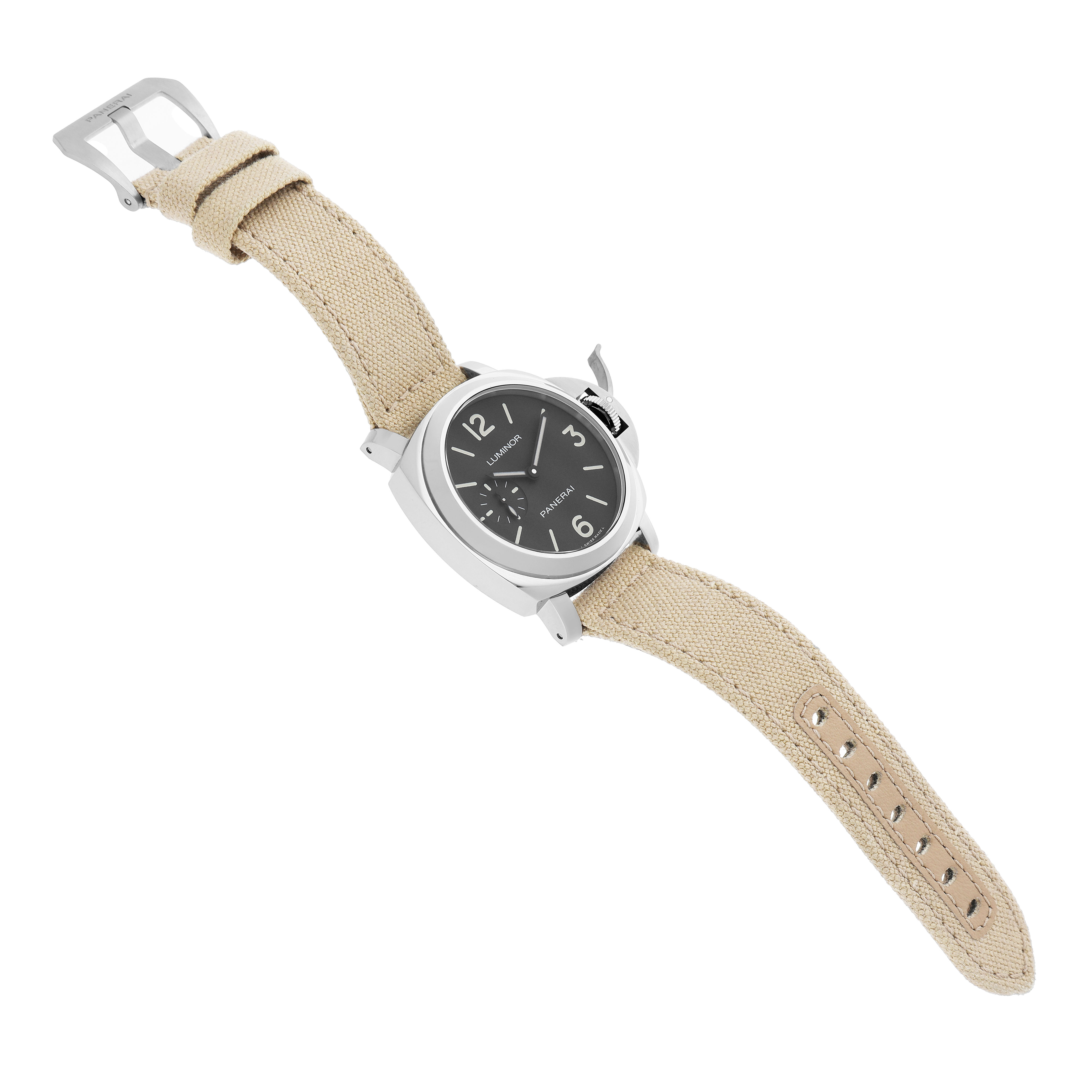 The Panerai Luminor PAM01710 Men's Stainless Steel Black Dial watch is shown from a front angle, displaying the dial, case, crown guard, and beige strap.