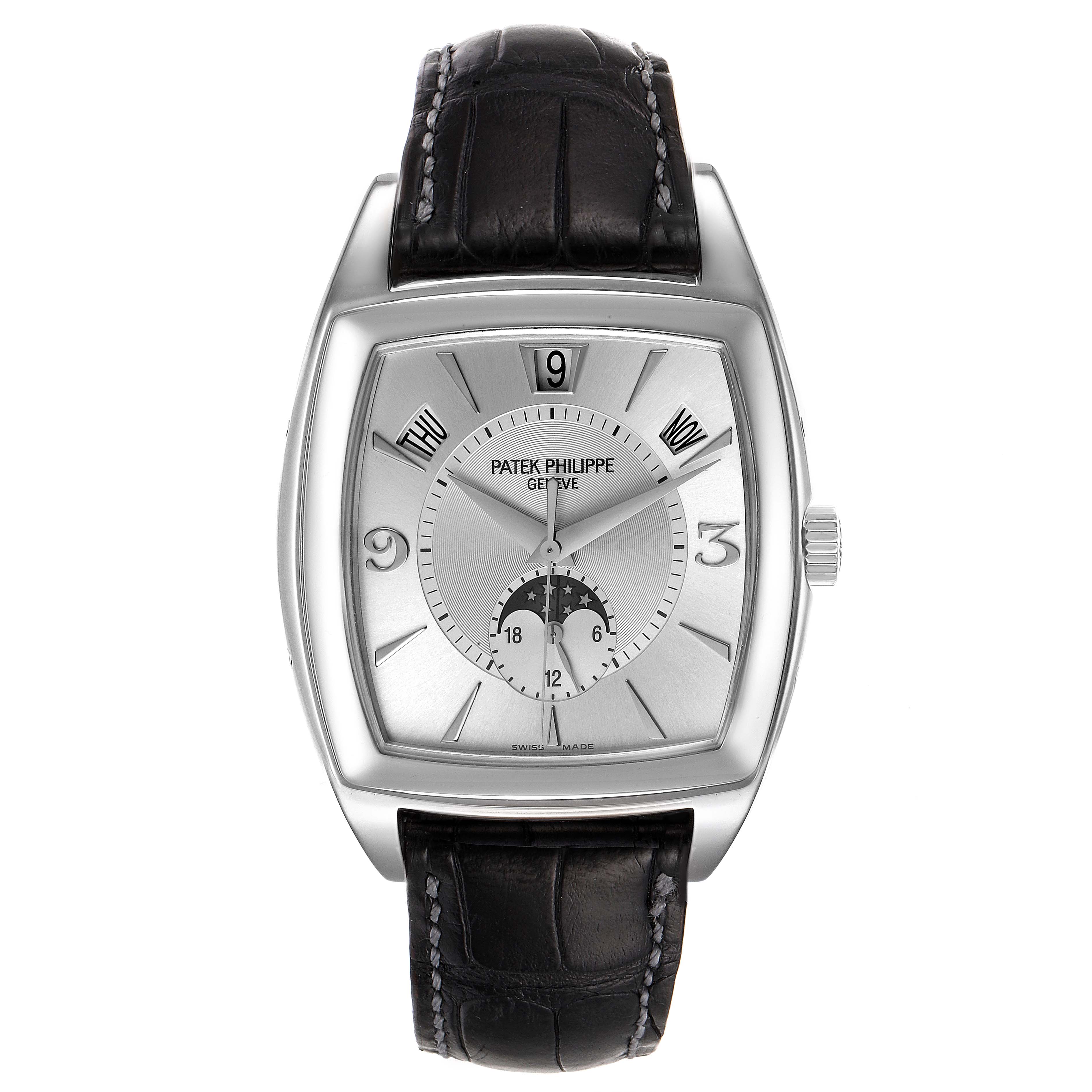 The image shows a frontal view of a Patek Philippe Gondolo 5135G Men's White Gold Silver Dial 5135G Men's White Gold Silver Dial watch, highlighting its dial, hands, markers, and leather strap.
