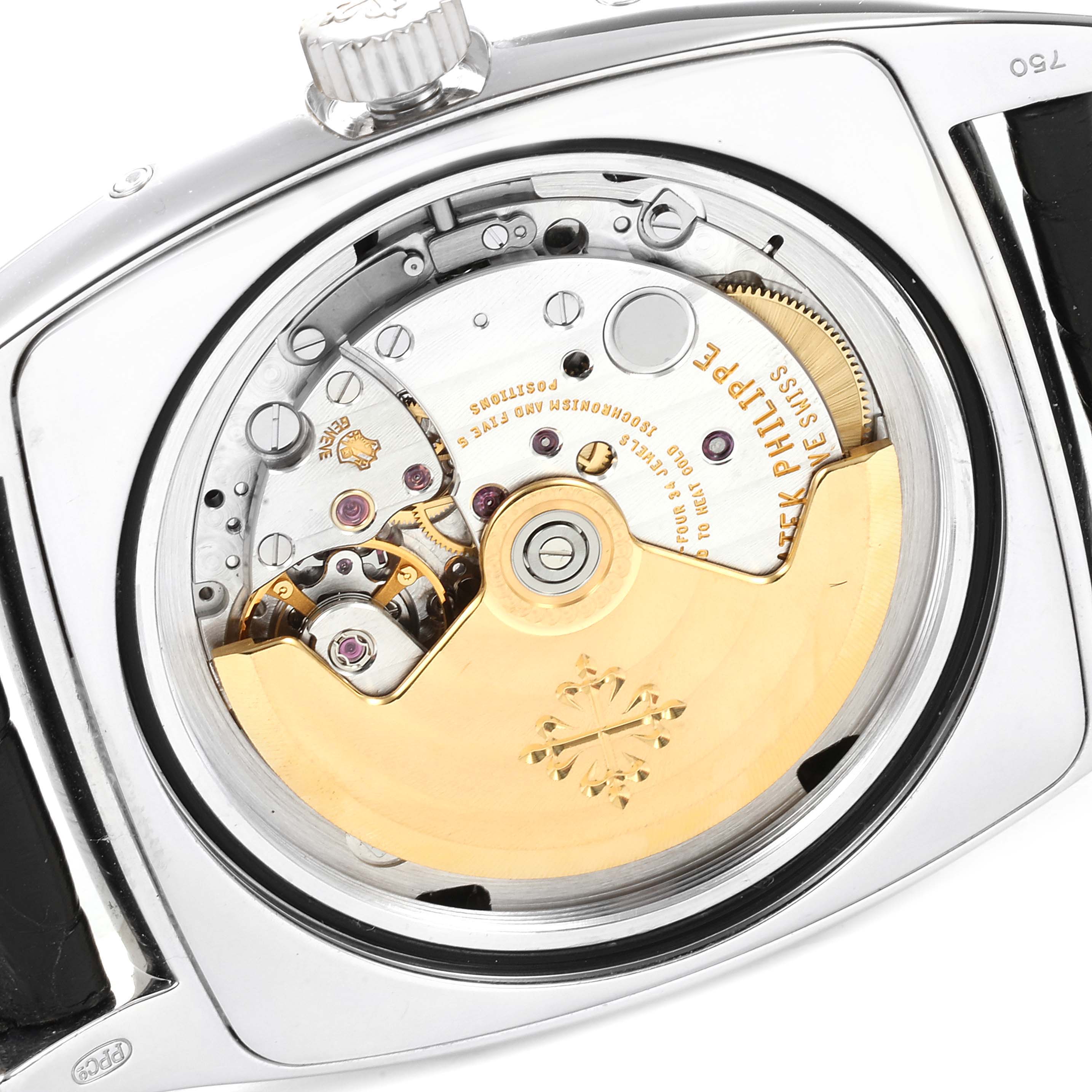 The image shows the case back of the Patek Philippe Gondolo 5135G Men's White Gold Silver Dial 5135G Men's White Gold Silver Dial watch, revealing its intricate movement.