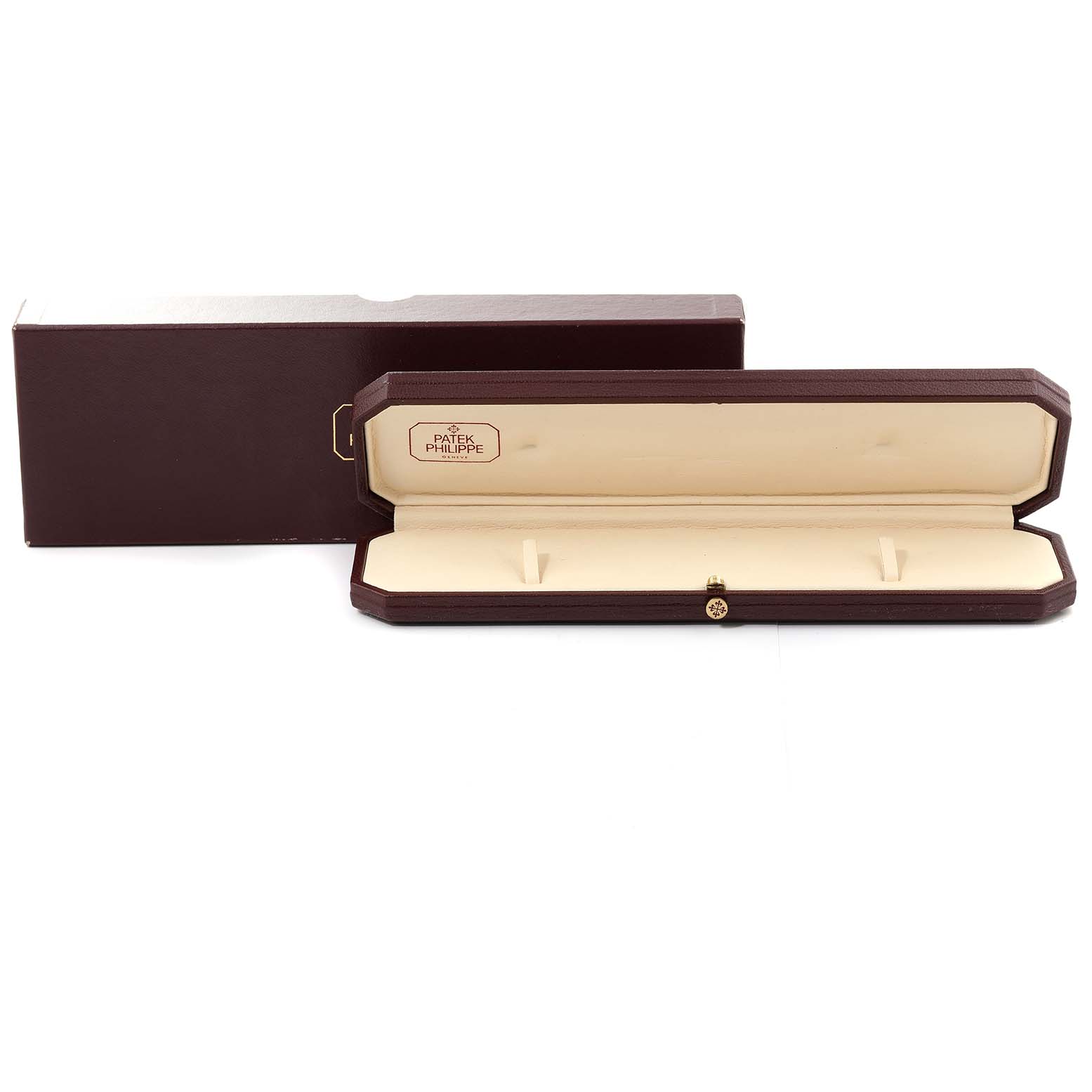 The image shows an empty Patek Philippe Gondolo 5135G Men's White Gold Silver Dial 5135G Men's White Gold Silver Dial watch case, including the outer box and the inner cushioned display.