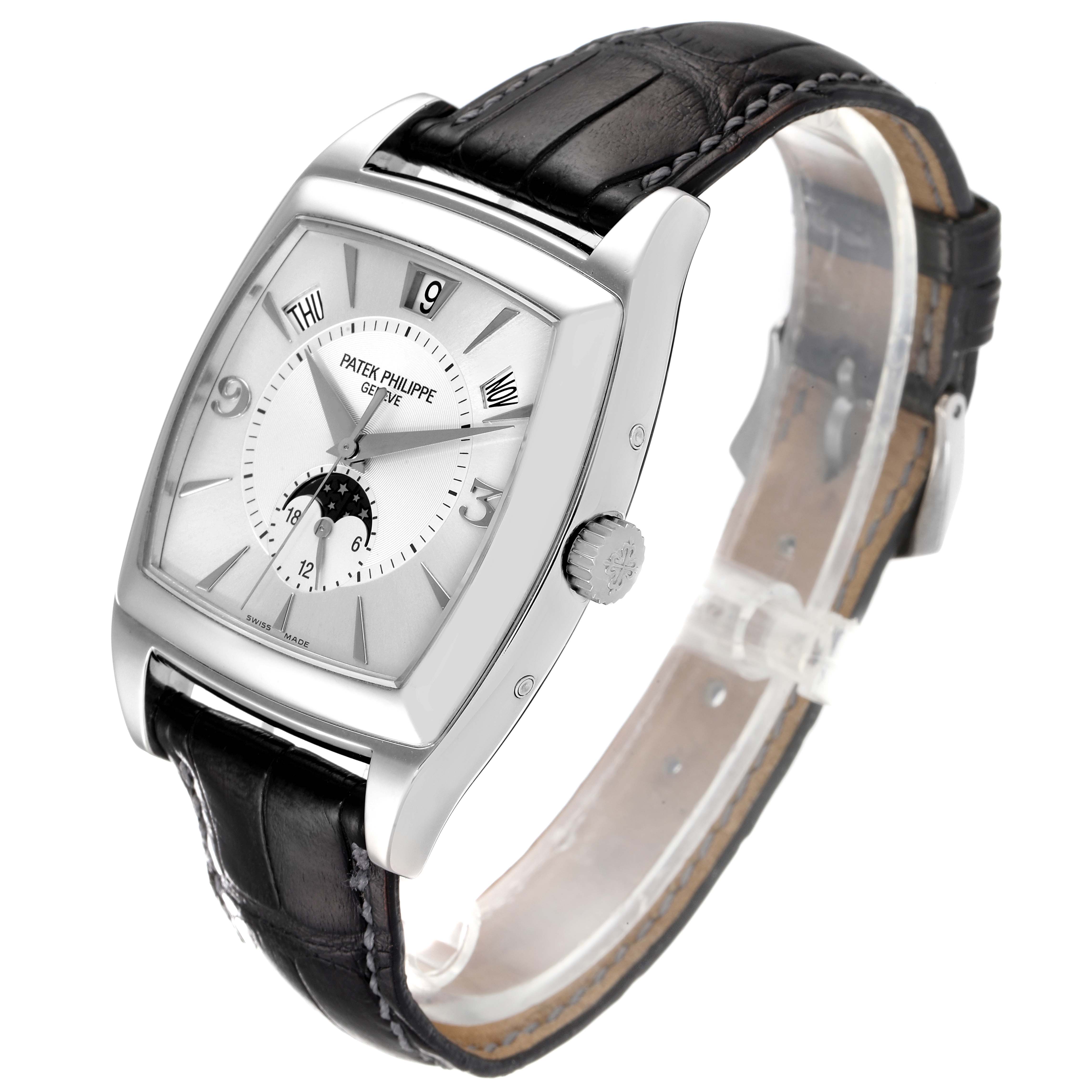 The image shows a Patek Philippe Gondolo 5135G Men's White Gold Silver Dial 5135G Men's White Gold Silver Dial model watch from a three-quarter front angle, highlighting the dial, case, and strap.