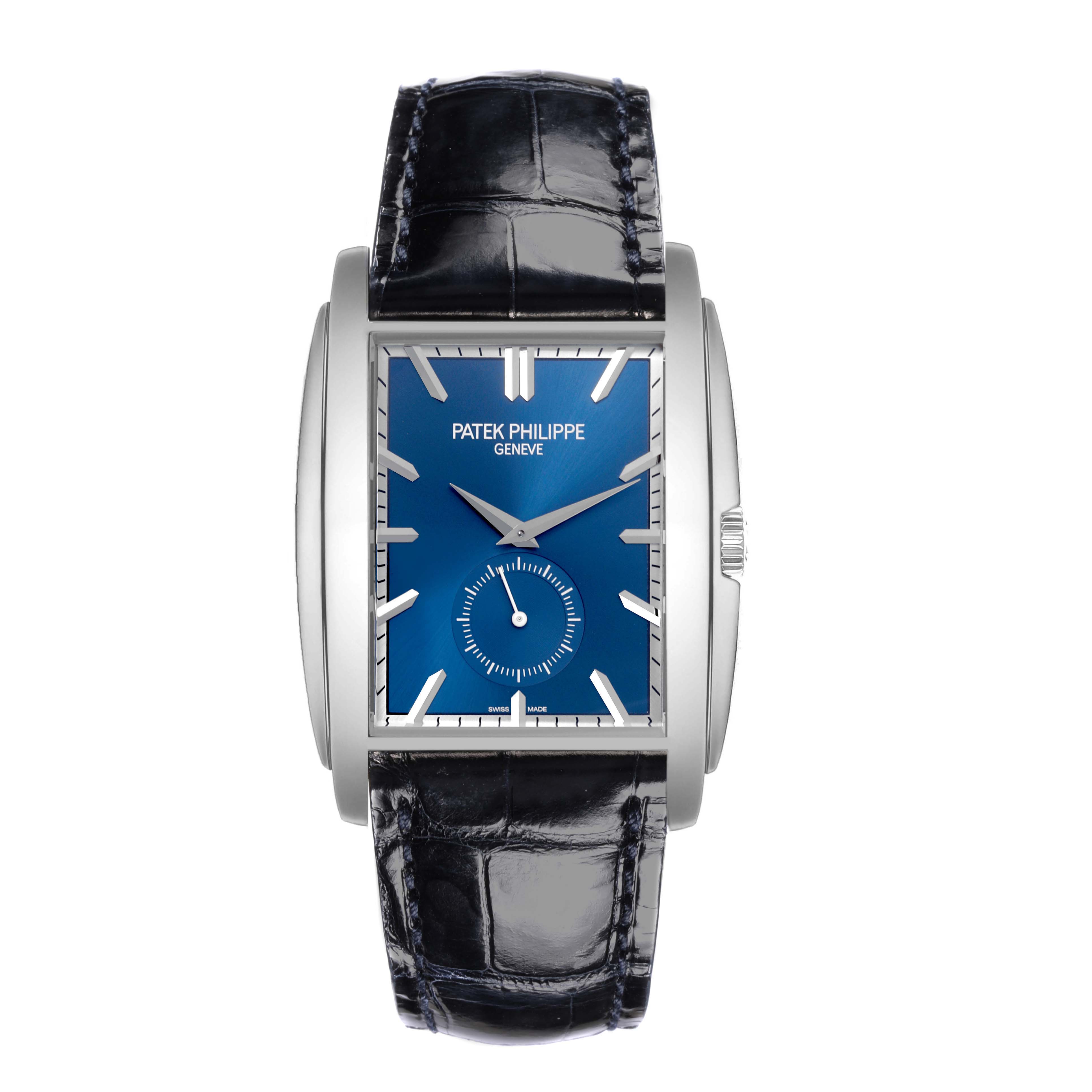 The Patek Philippe Gondolo 5124G-011 Men's White Gold Blue Dial 5124G-011 Men's White Gold Blue Dial watch is shown from a front angle, highlighting the blue dial and leather strap.
