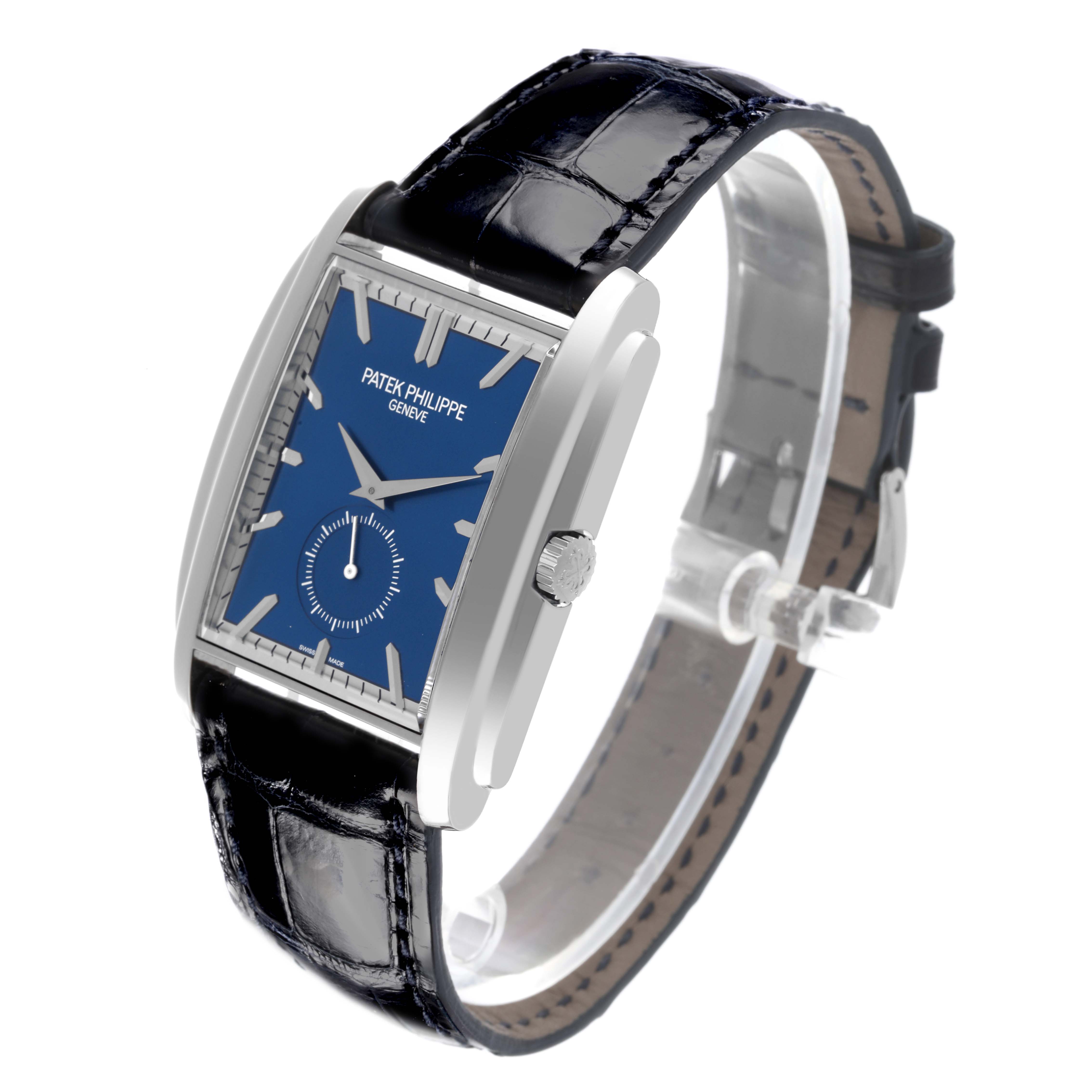 The image shows a side angle of the Patek Philippe Gondolo 5124G-011 Men's White Gold Blue Dial 5124G-011 Men's White Gold Blue Dial watch, highlighting the blue dial, leather strap, and crown.