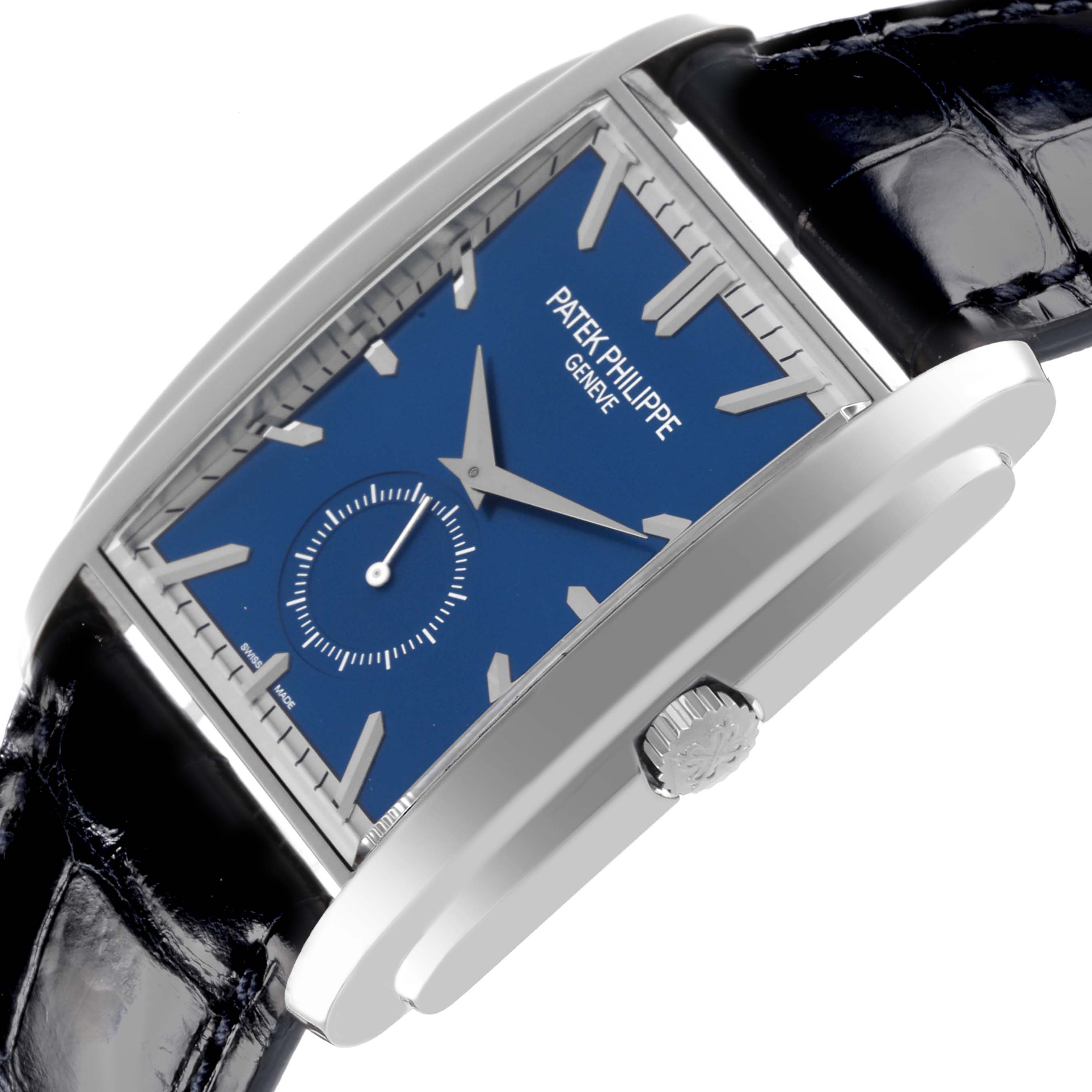 The Patek Philippe Gondolo 5124G-011 Men's White Gold Blue Dial 5124G-011 Men's White Gold Blue Dial watch is shown at an angle highlighting its blue dial, silver hands, case, and crown with black leather strap.