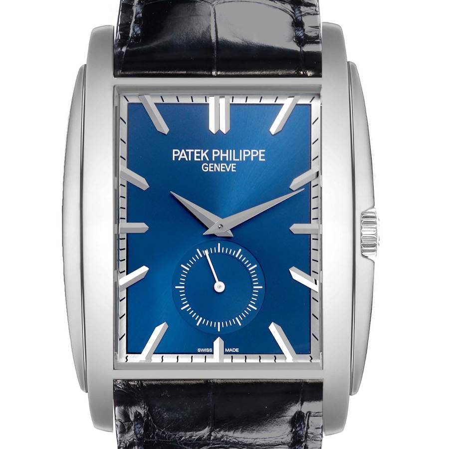 The Patek Philippe Gondolo watch is shown from the front, highlighting its blue dial and rectangular case.