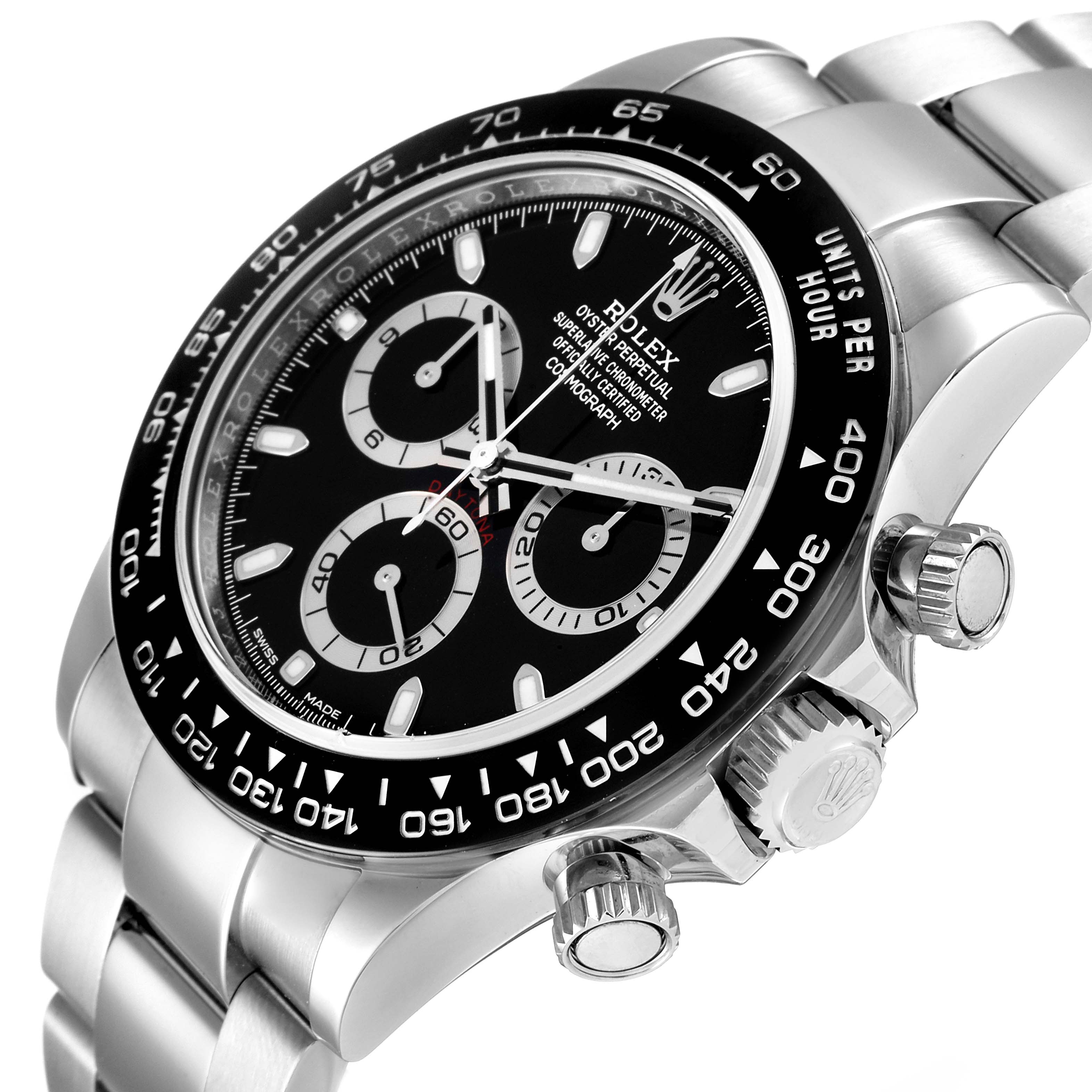 This image shows a side angle of a Rolex Daytona 116500 Men's Stainless Steel Black Dial 116500 Men's Stainless Steel Black Dial watch, highlighting its bezel, dial, subdials, and crown.