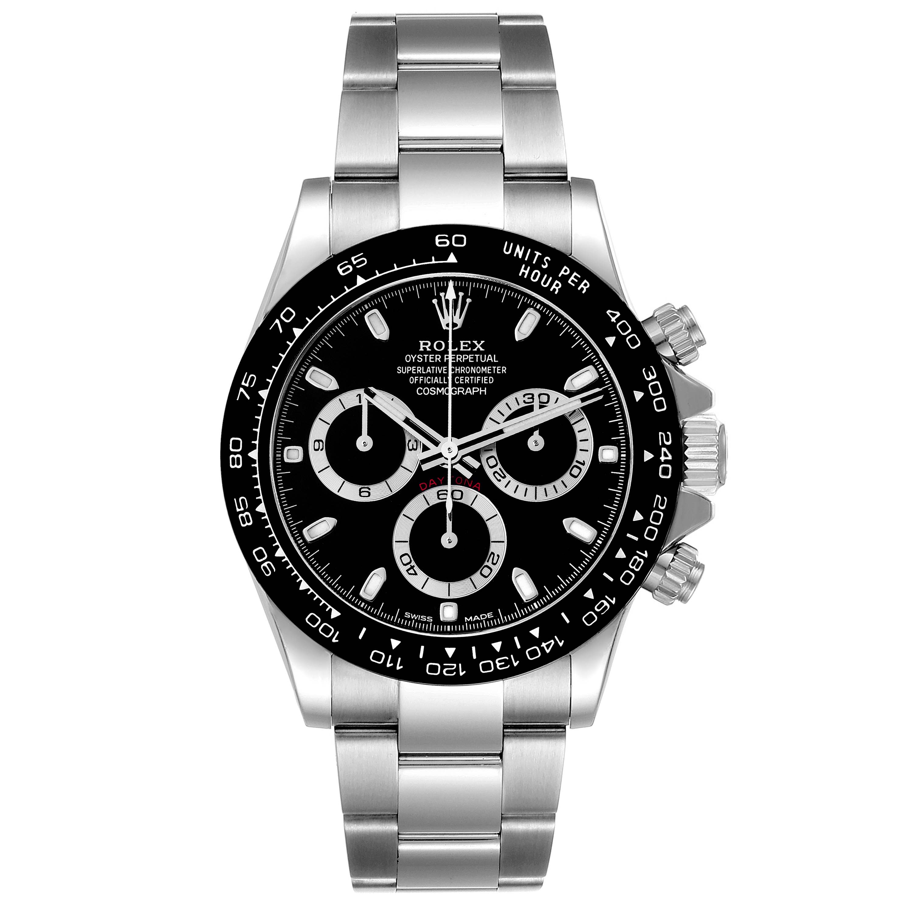 This image shows a Rolex Daytona 116500 Men's Stainless Steel Black Dial 116500 Men's Stainless Steel Black Dial watch from a front angle, highlighting its black dial, three sub-dials, and stainless steel bracelet.