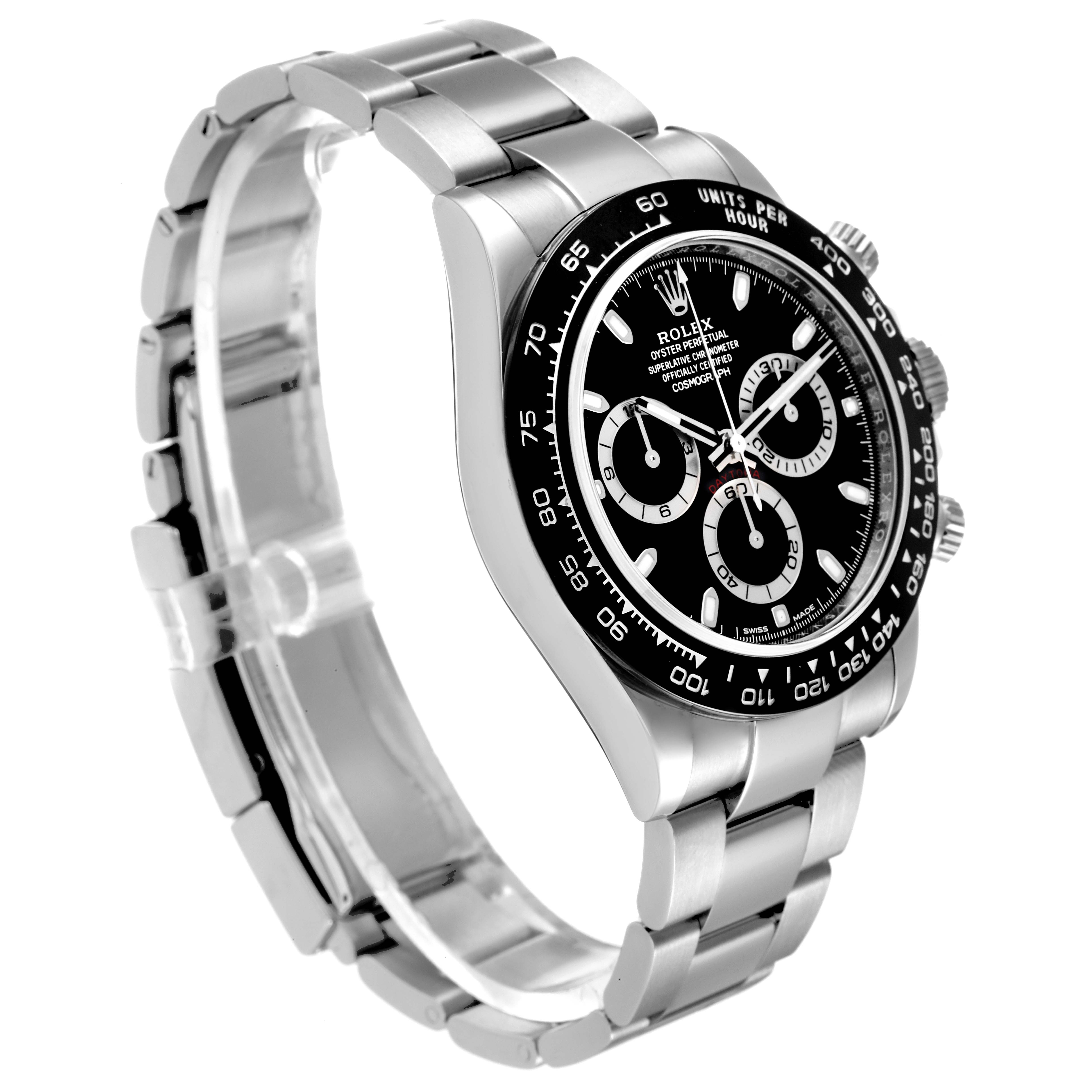 This Rolex Daytona 116500 Men's Stainless Steel Black Dial 116500 Men's Stainless Steel Black Dial watch is shown from a front-side angle, highlighting its black dial, tachymeter bezel, and stainless steel bracelet.