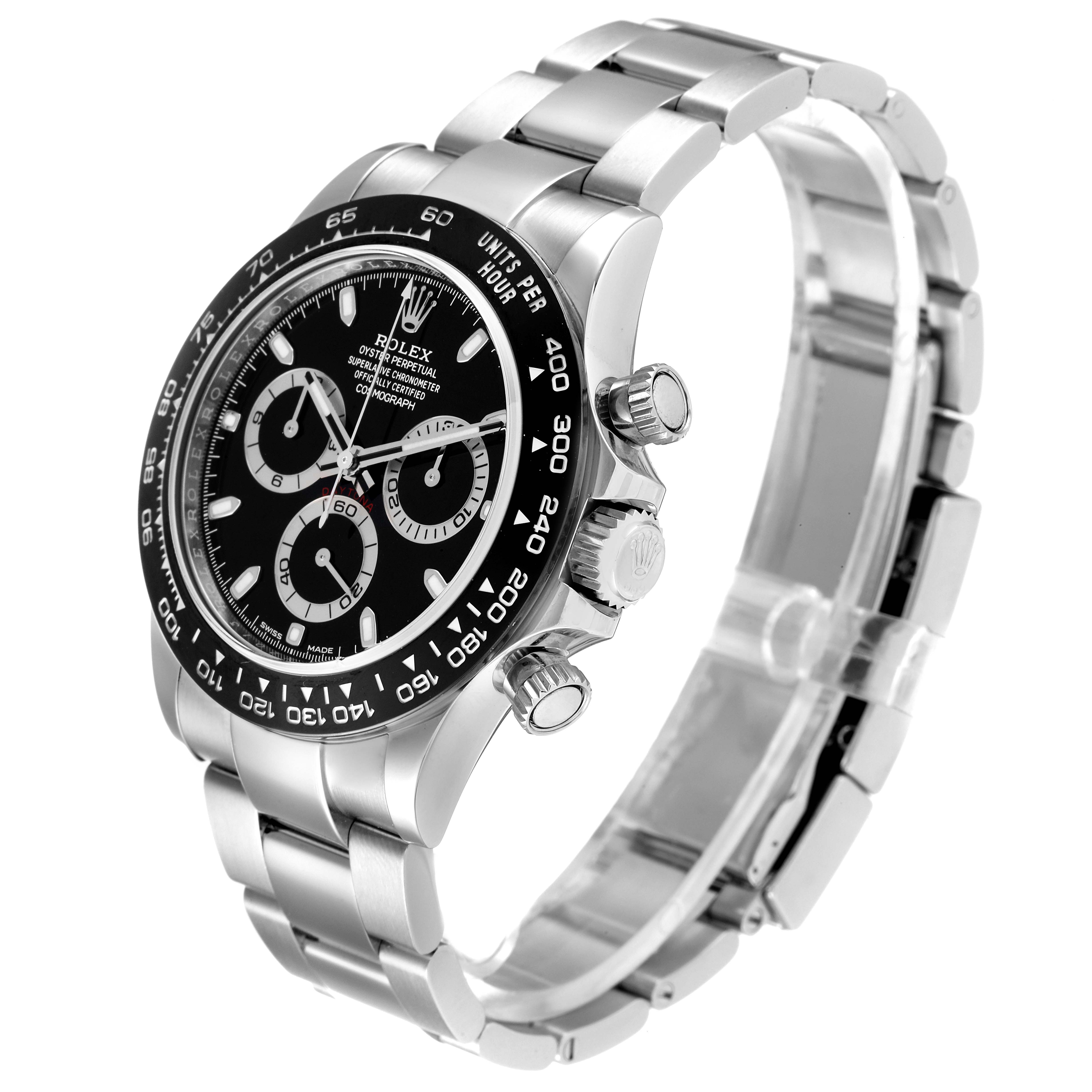 This image shows a Rolex Daytona 116500 Men's Stainless Steel Black Dial 116500 Men's Stainless Steel Black Dial watch in a side angle, highlighting the face, bezel, crown, pushers, and bracelet.