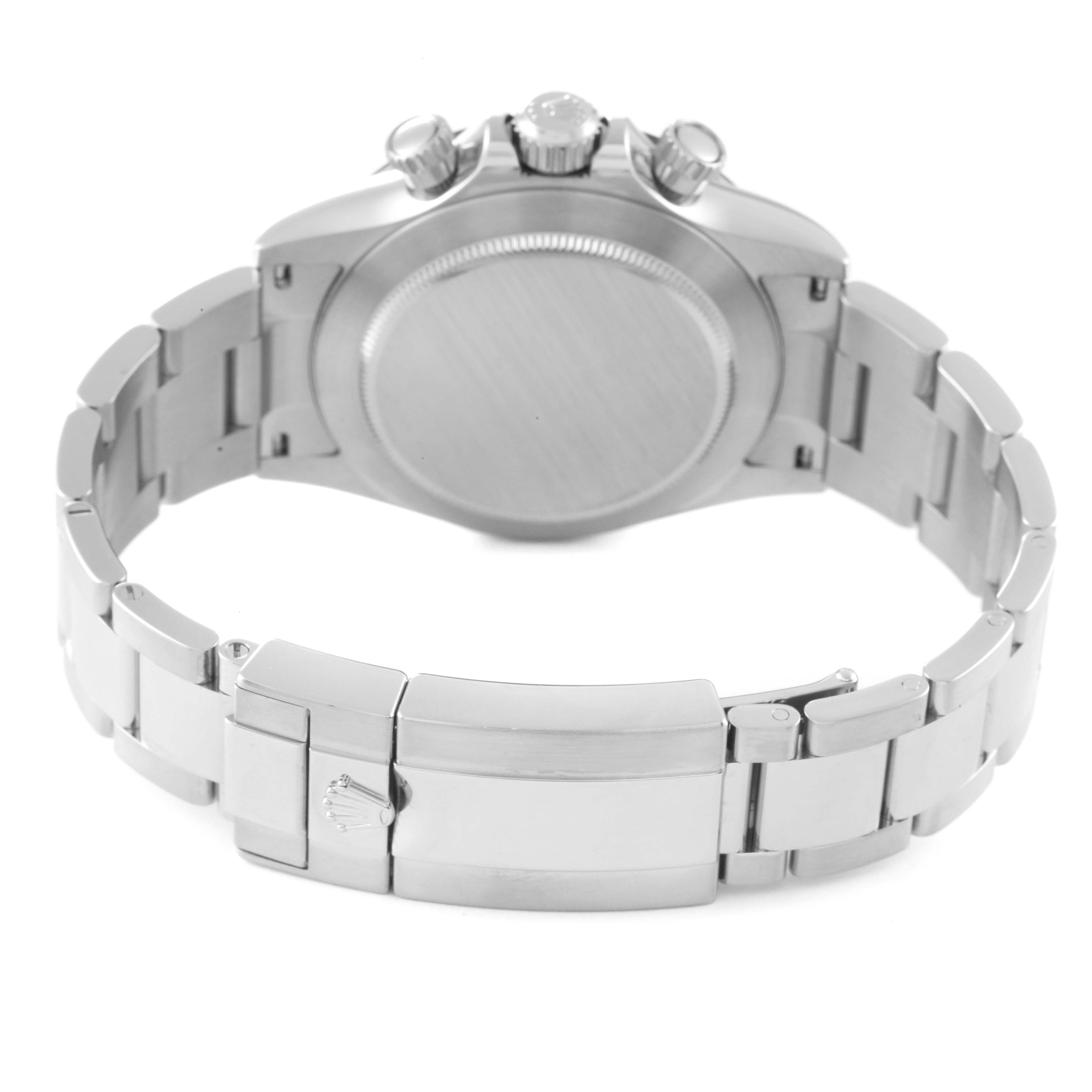 The image shows the back view of a Rolex Daytona 116500 Men's Stainless Steel Black Dial 116500 Men's Stainless Steel Black Dial watch, emphasizing the case back, bracelet, and clasp.