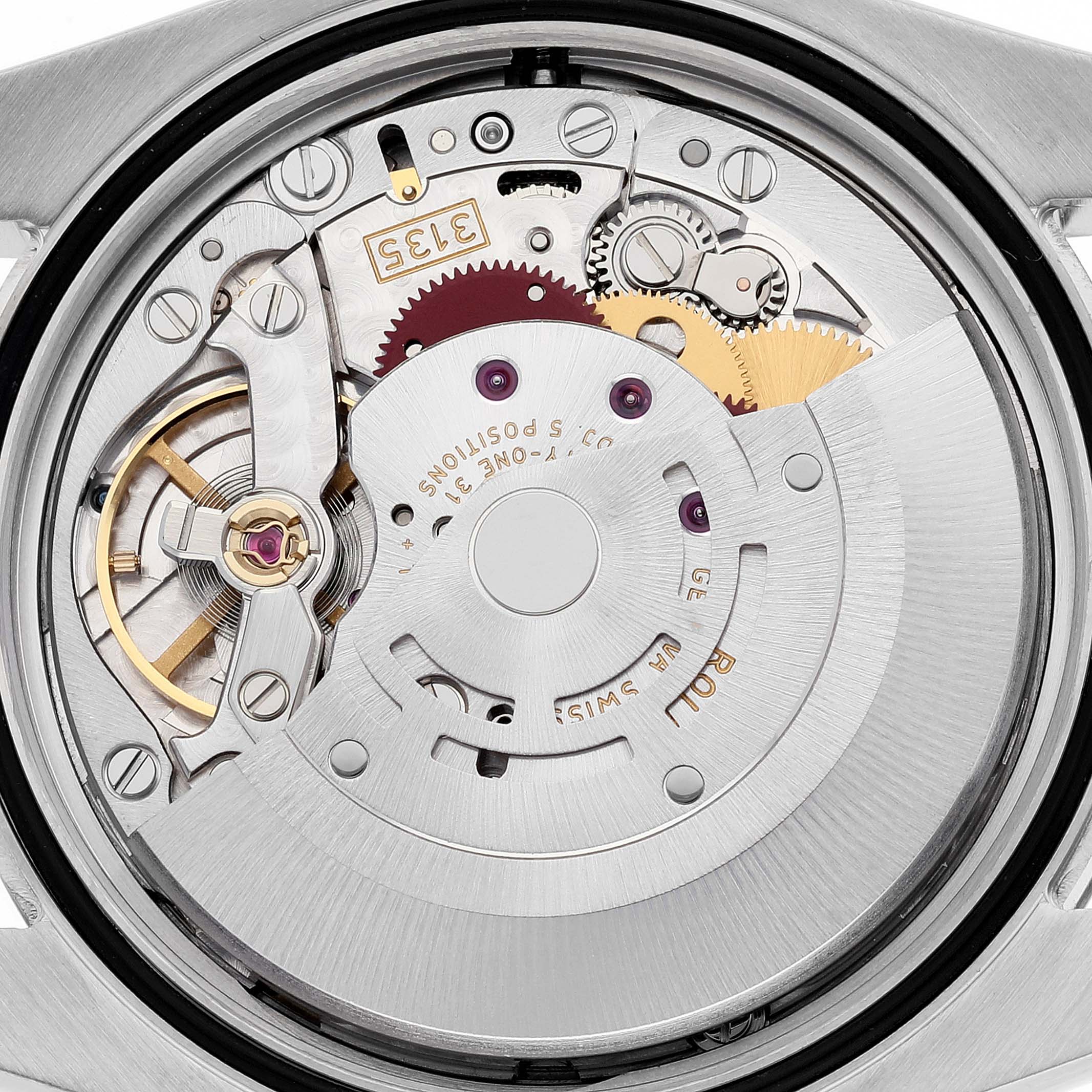 The image shows a detailed, top-down view of the movement mechanism inside the Rolex Datejust 116234 Men's Stainless Steel Mother of Pearl Dial 116234 Men's Stainless Steel Mother of Pearl Dial watch.