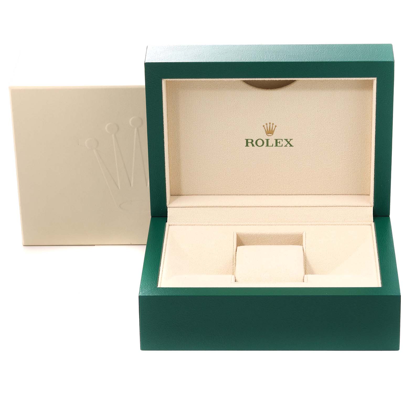 This image shows an open green and beige box for the Rolex Datejust 116234 Men's Stainless Steel Mother of Pearl Dial 116234 Men's Stainless Steel Mother of Pearl Dial model with the Rolex logo inside.