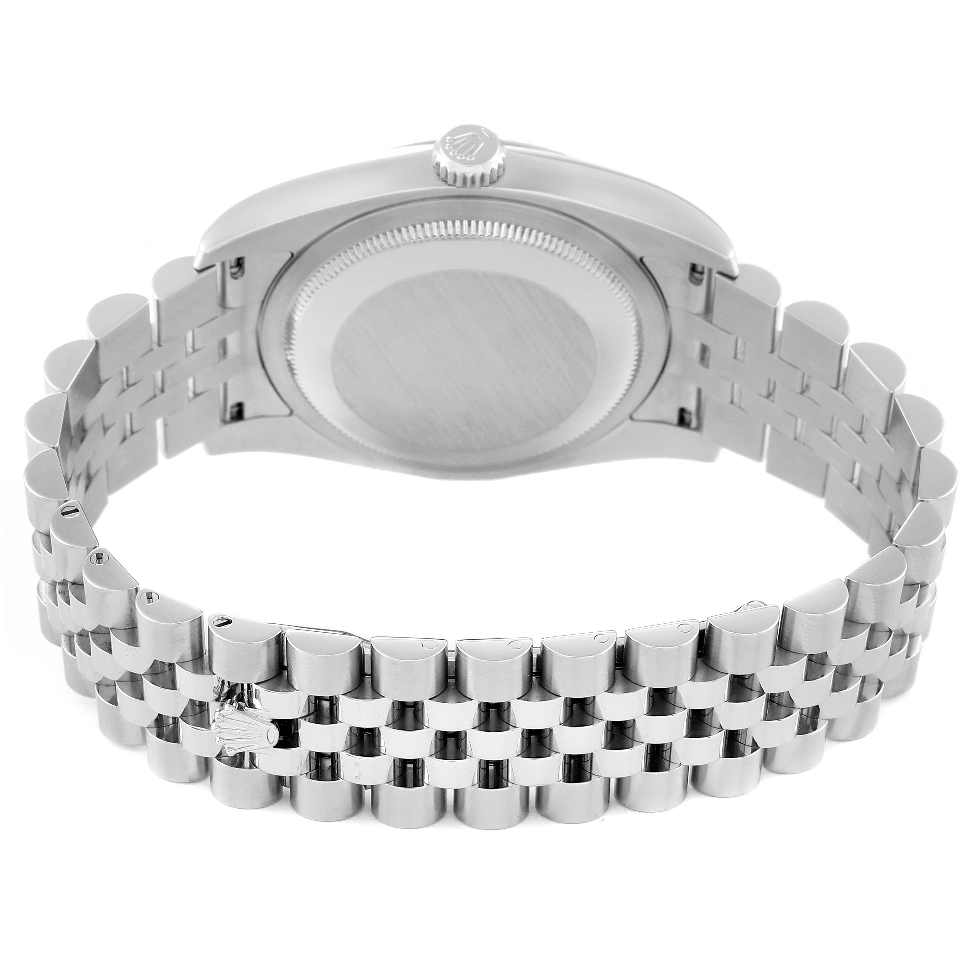 The Rolex Datejust 116234 Men's Stainless Steel Mother of Pearl Dial 116234 Men's Stainless Steel Mother of Pearl Dial watch is shown from the back, displaying its case back and Jubilee bracelet in stainless steel.