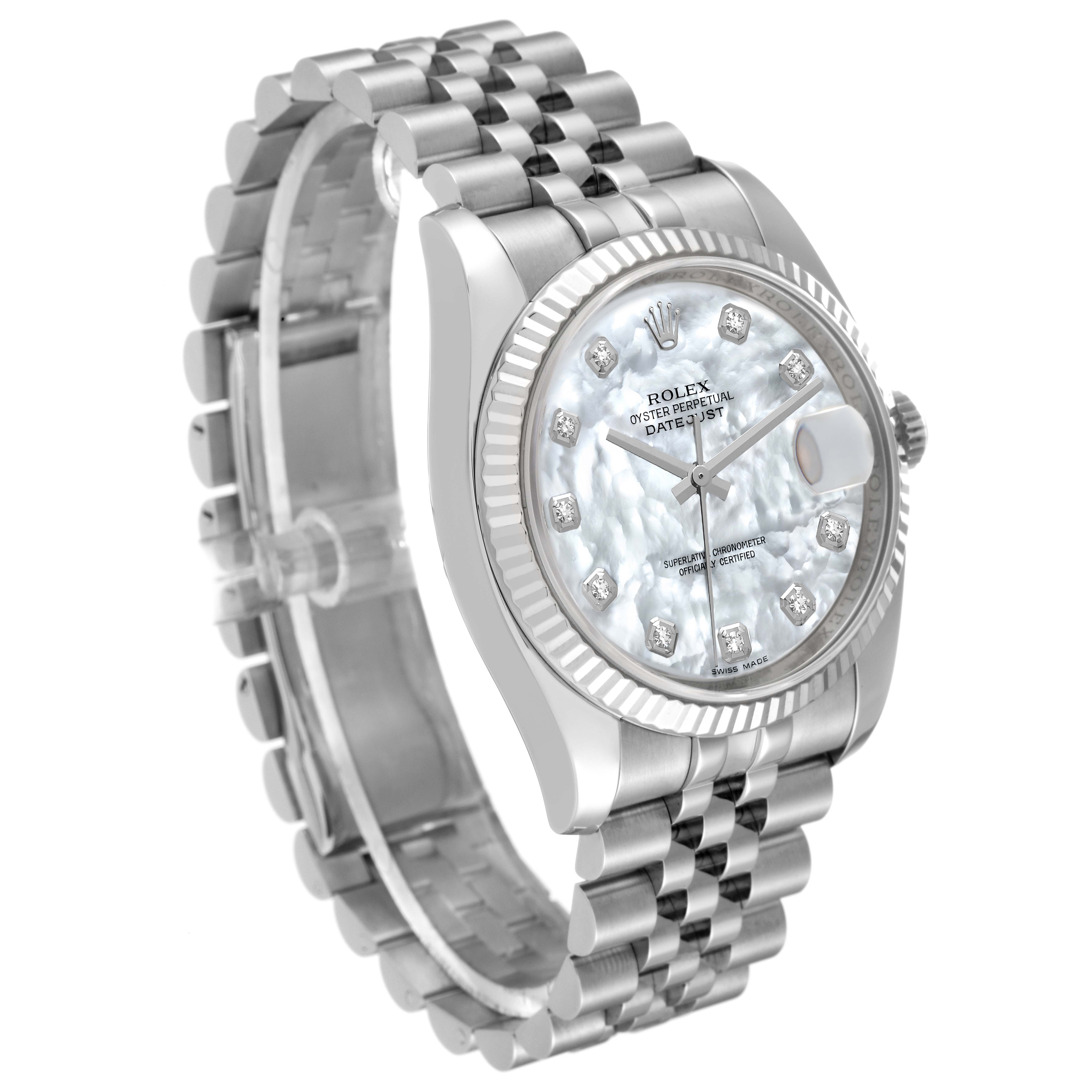 The image shows the Rolex Datejust 116234 Men's Stainless Steel Mother of Pearl Dial 116234 Men's Stainless Steel Mother of Pearl Dial watch at a 3/4 angle, highlighting the dial, bezel, crown, and bracelet.
