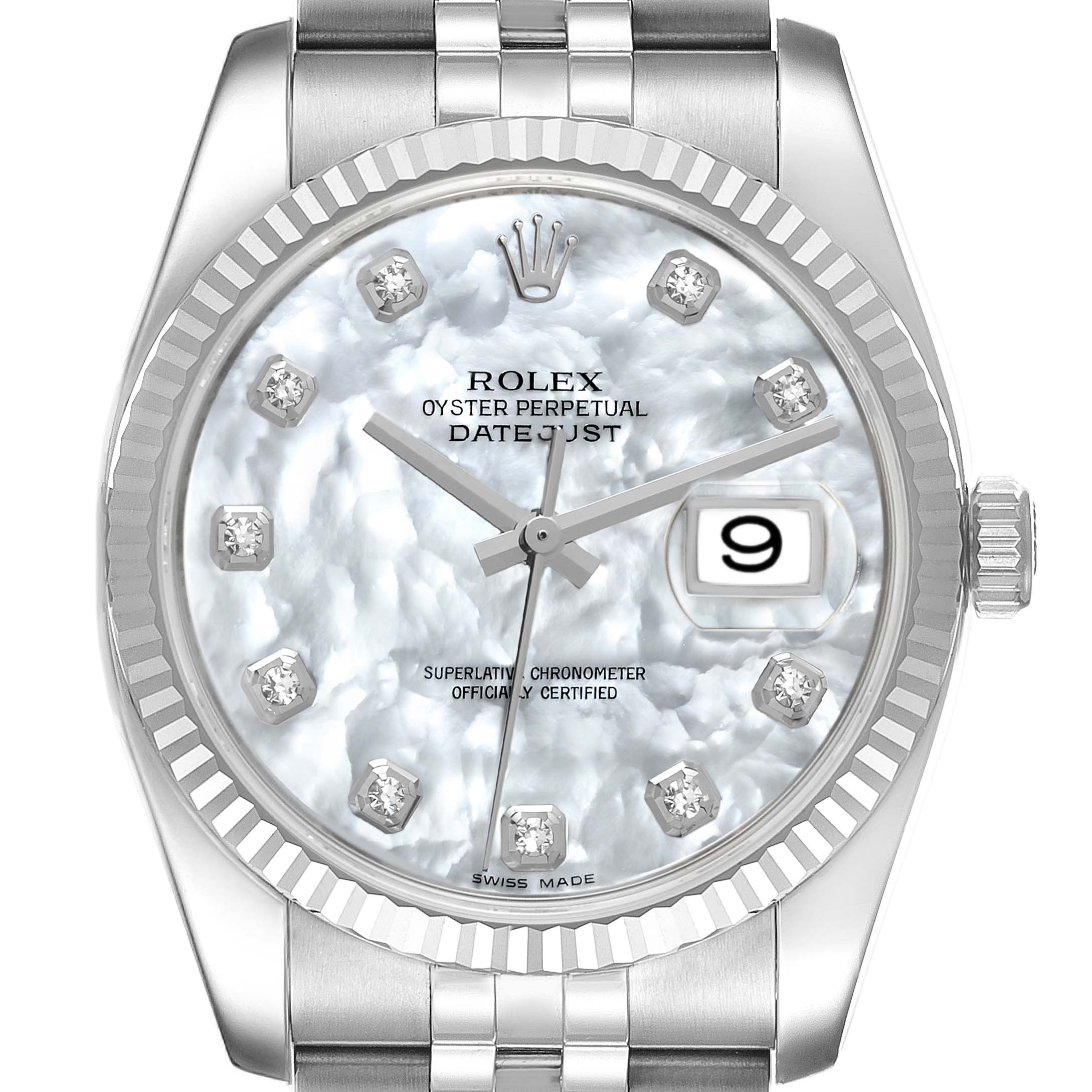 This image shows a front view of a Rolex Datejust 116234 Men's Stainless Steel Mother of Pearl Dial 116234 Men's Stainless Steel Mother of Pearl Dial watch, highlighting the dial, crown, hands, and bracelet.