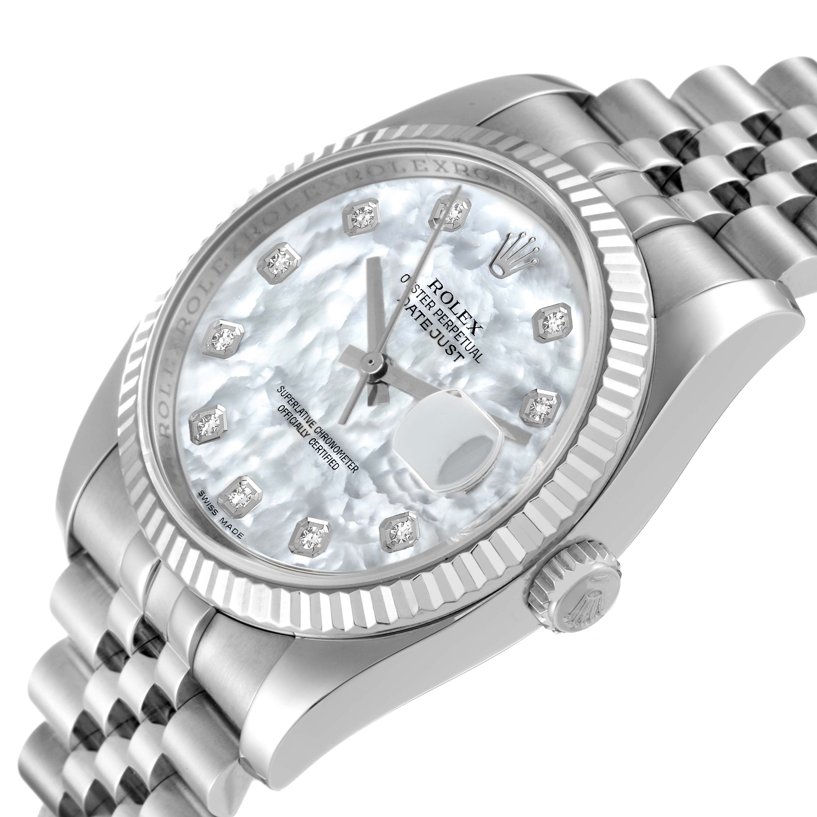 This image shows a Rolex Datejust 116234 Men's Stainless Steel Mother of Pearl Dial 116234 Men's Stainless Steel Mother of Pearl Dial watch angled to display its face, crown, and partially the bracelet.