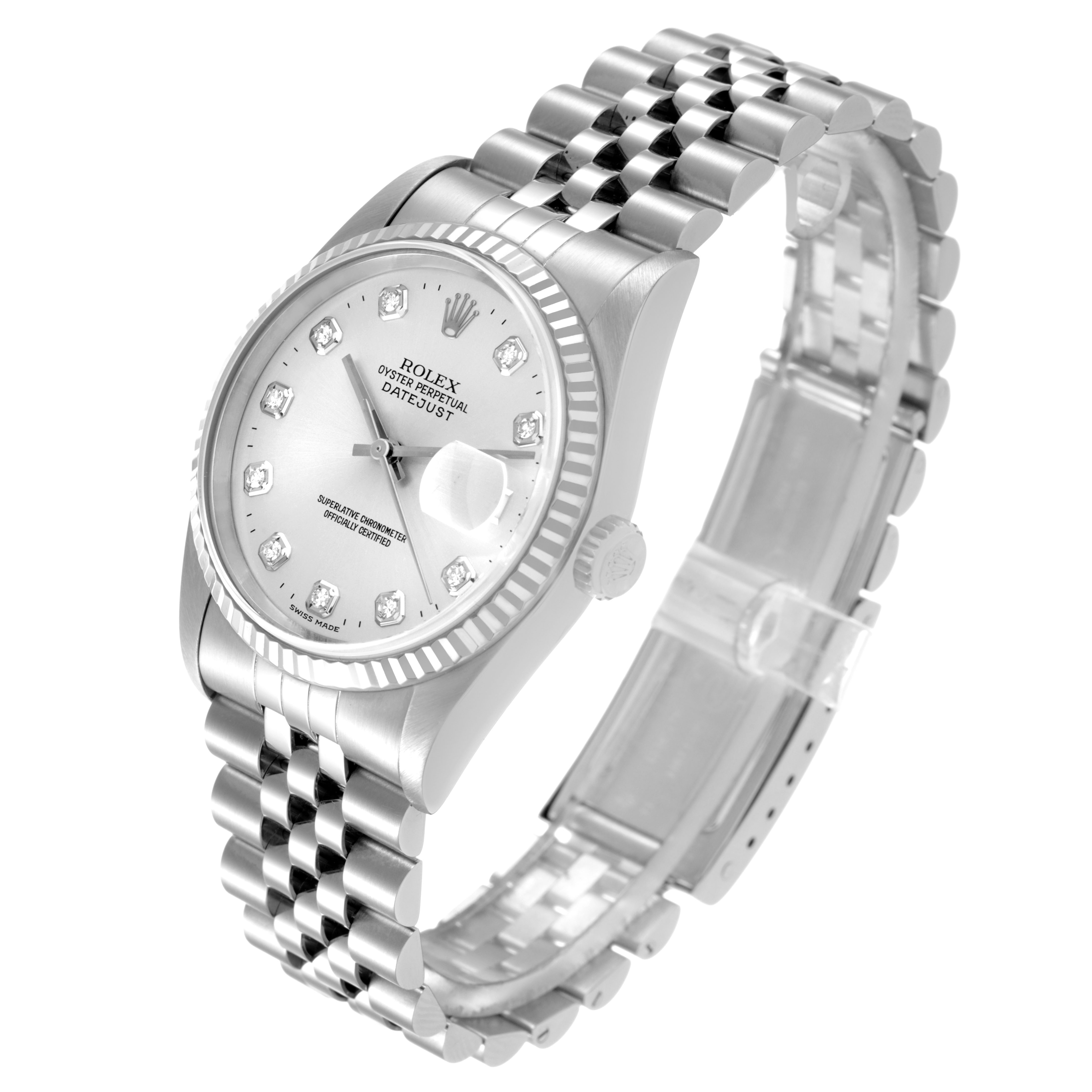 The Rolex Datejust 16234 Men's Stainless Steel Silver Dial watch is shown at an angled side view, displaying the dial, bezel, crown, and bracelet.