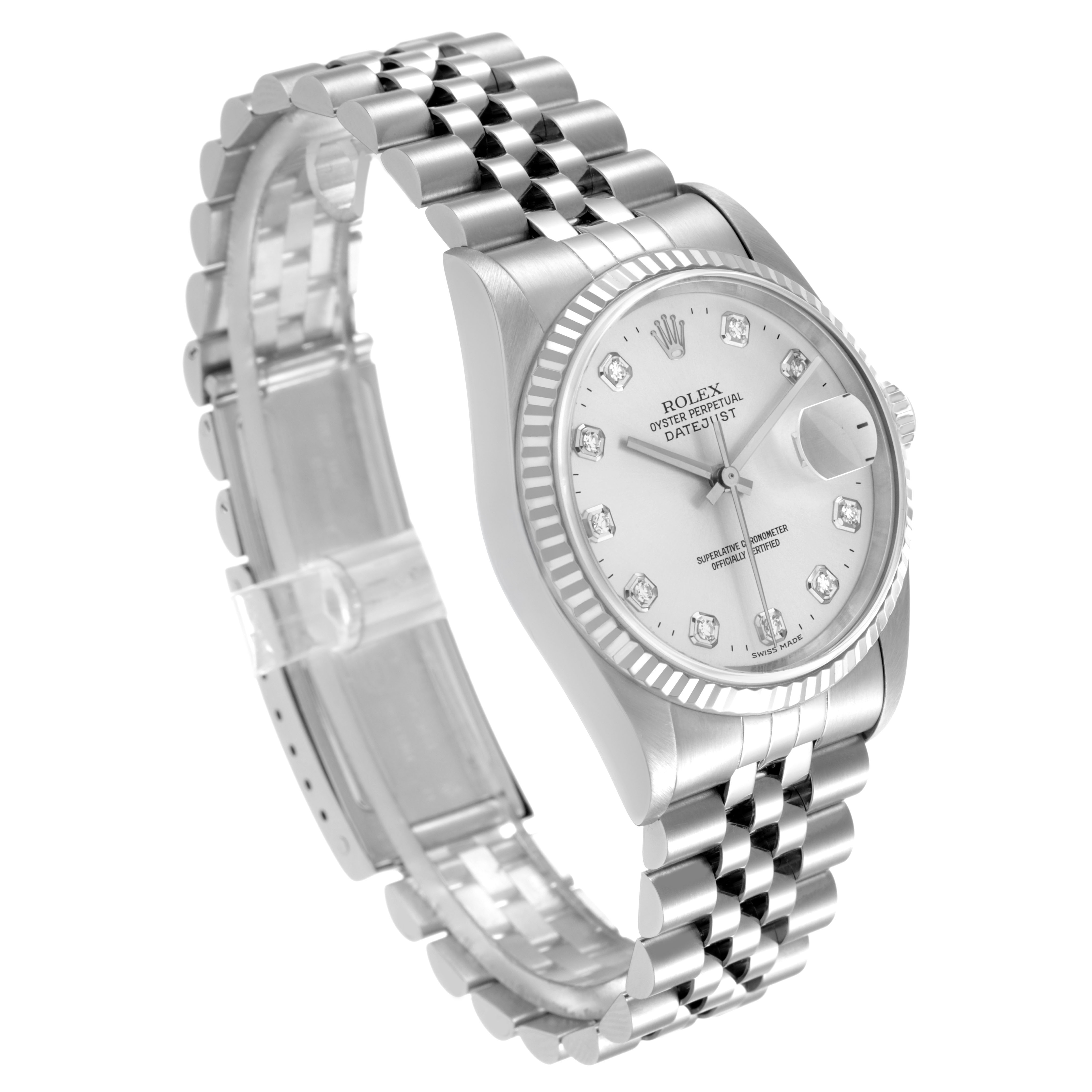 The Rolex Datejust 16234 Men's Stainless Steel Silver Dial watch is shown at an angled side view, highlighting the bracelet, case, and dial.