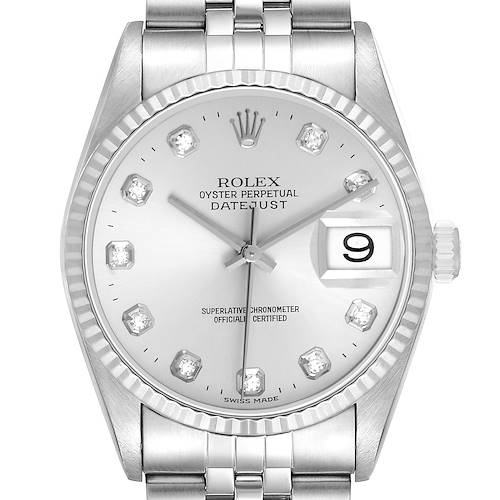 The Rolex Datejust 16234 Men's Stainless Steel Silver Dial watch is shown from a front angle, highlighting the dial, bezel, and part of the bracelet.