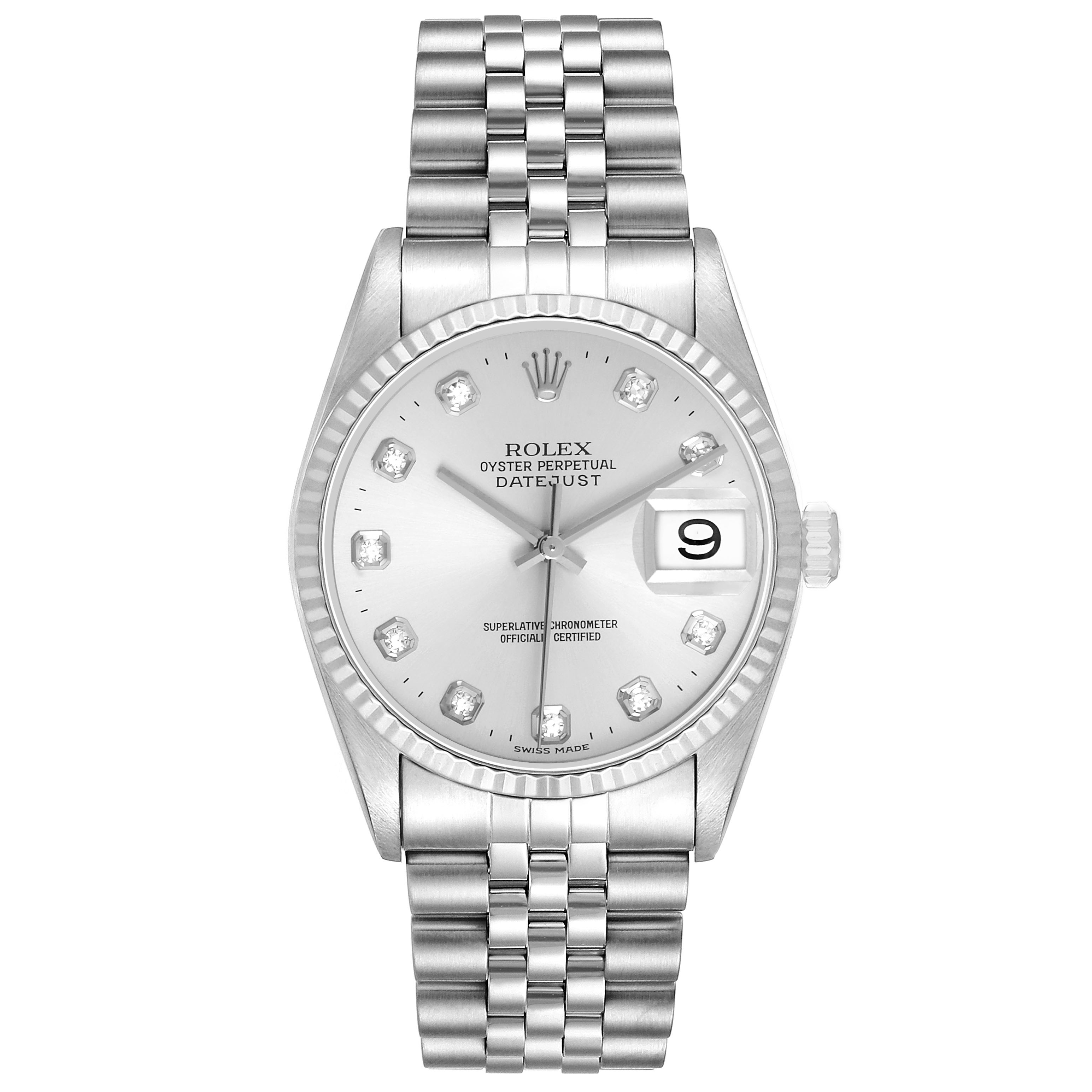 The Rolex Datejust 16234 Men's Stainless Steel Silver Dial watch is shown from a top-down angle, displaying the face, bezel, and bracelet.