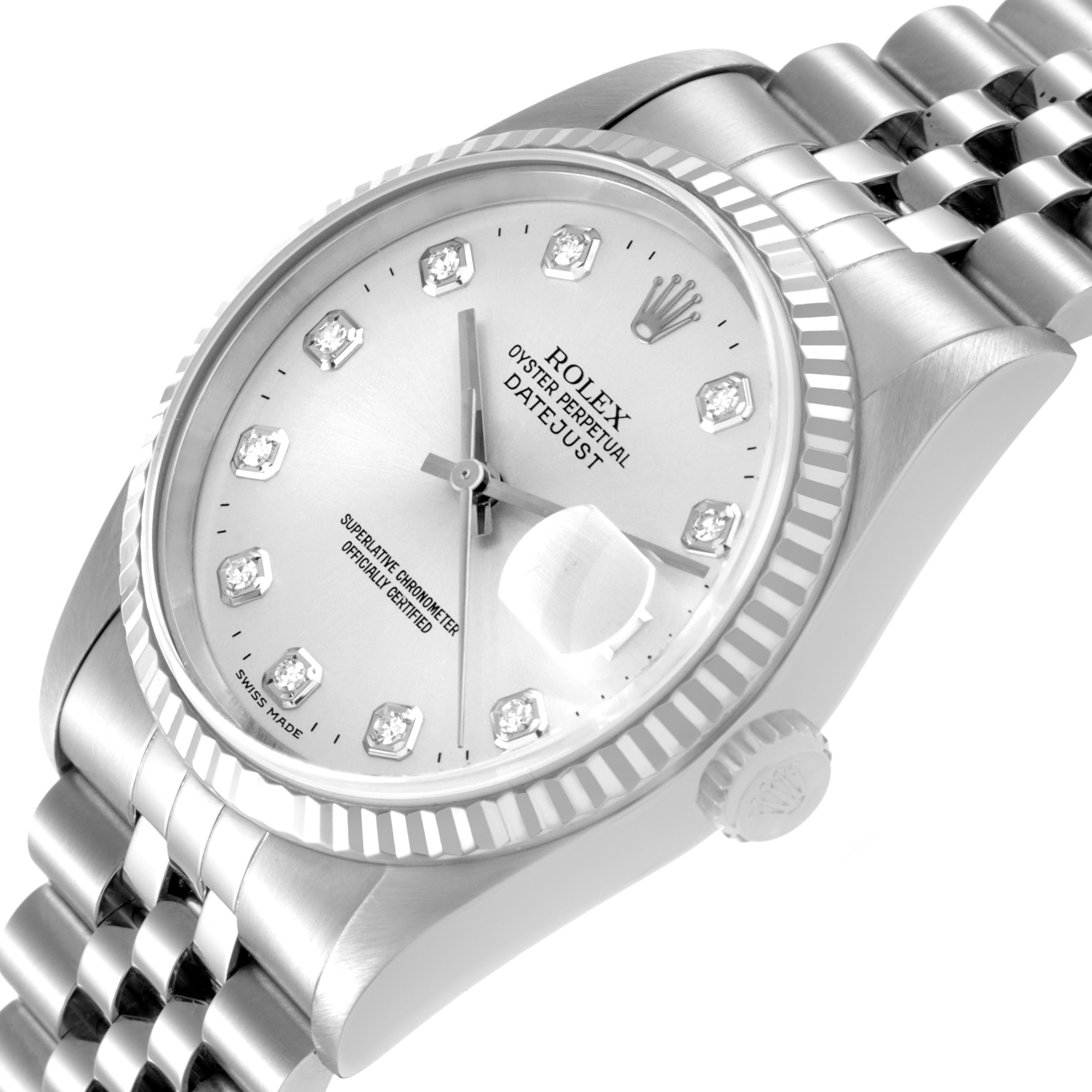 The Rolex Datejust 16234 Men's Stainless Steel Silver Dial watch is shown at an angled close-up, highlighting the dial, fluted bezel, and jubilee bracelet.