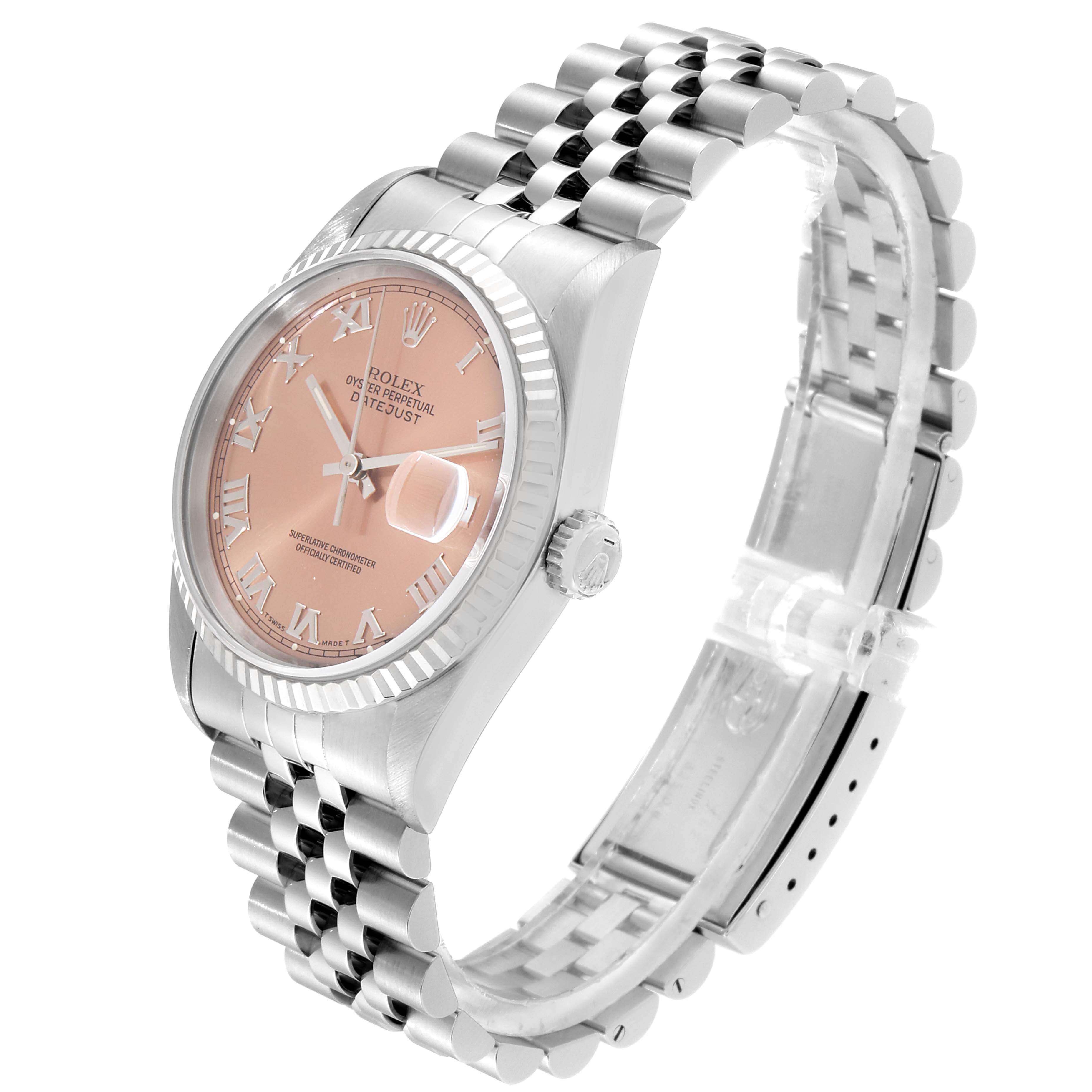 The image shows the Rolex Datejust 16234 Men's Stainless Steel Pink Dial 16234 Men's Stainless Steel Pink Dial model from an angled side view, highlighting the dial, case, and bracelet.