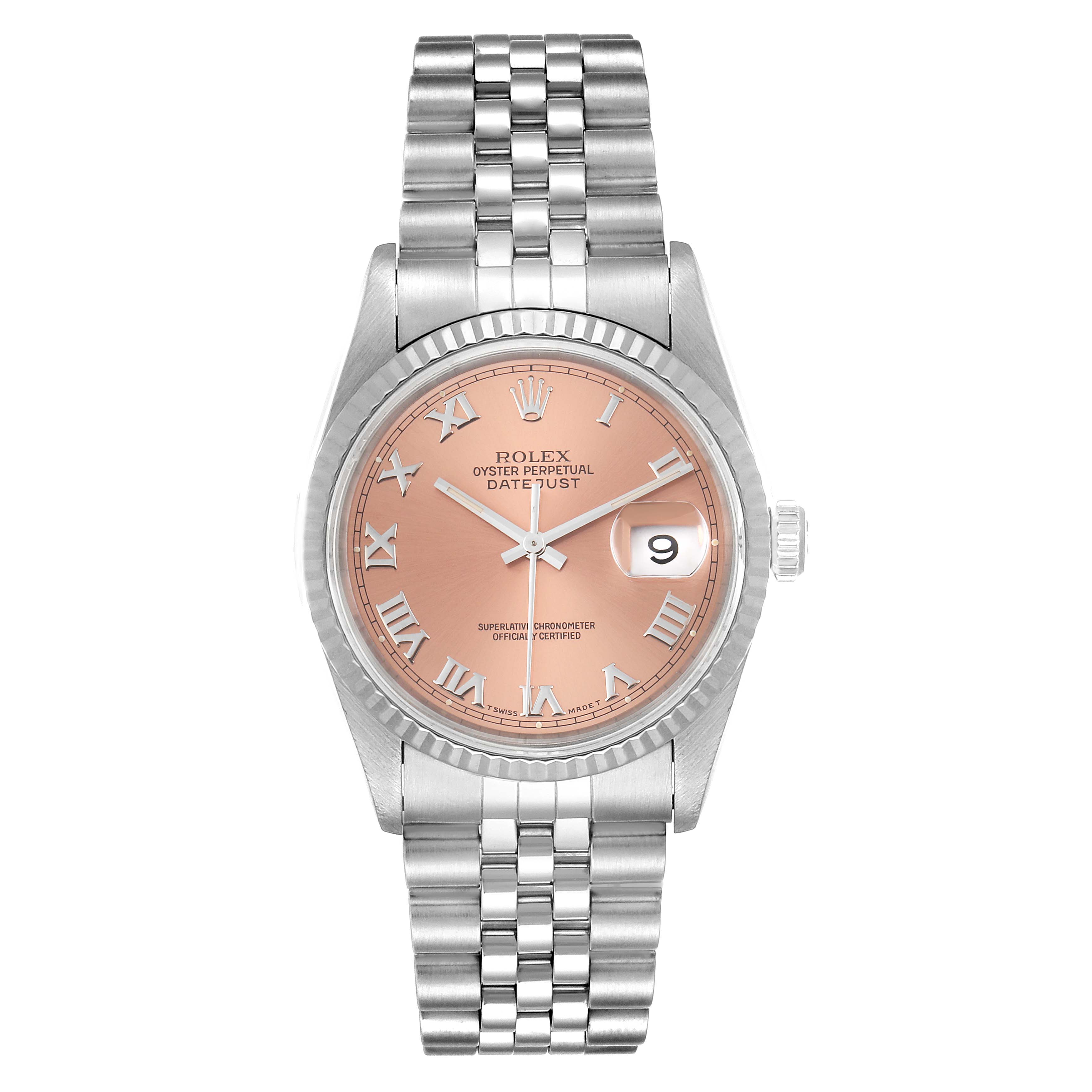 The image shows a front view of a Rolex Datejust 16234 Men's Stainless Steel Pink Dial 16234 Men's Stainless Steel Pink Dial watch, highlighting the bracelet, dial, hands, indices, and date window.