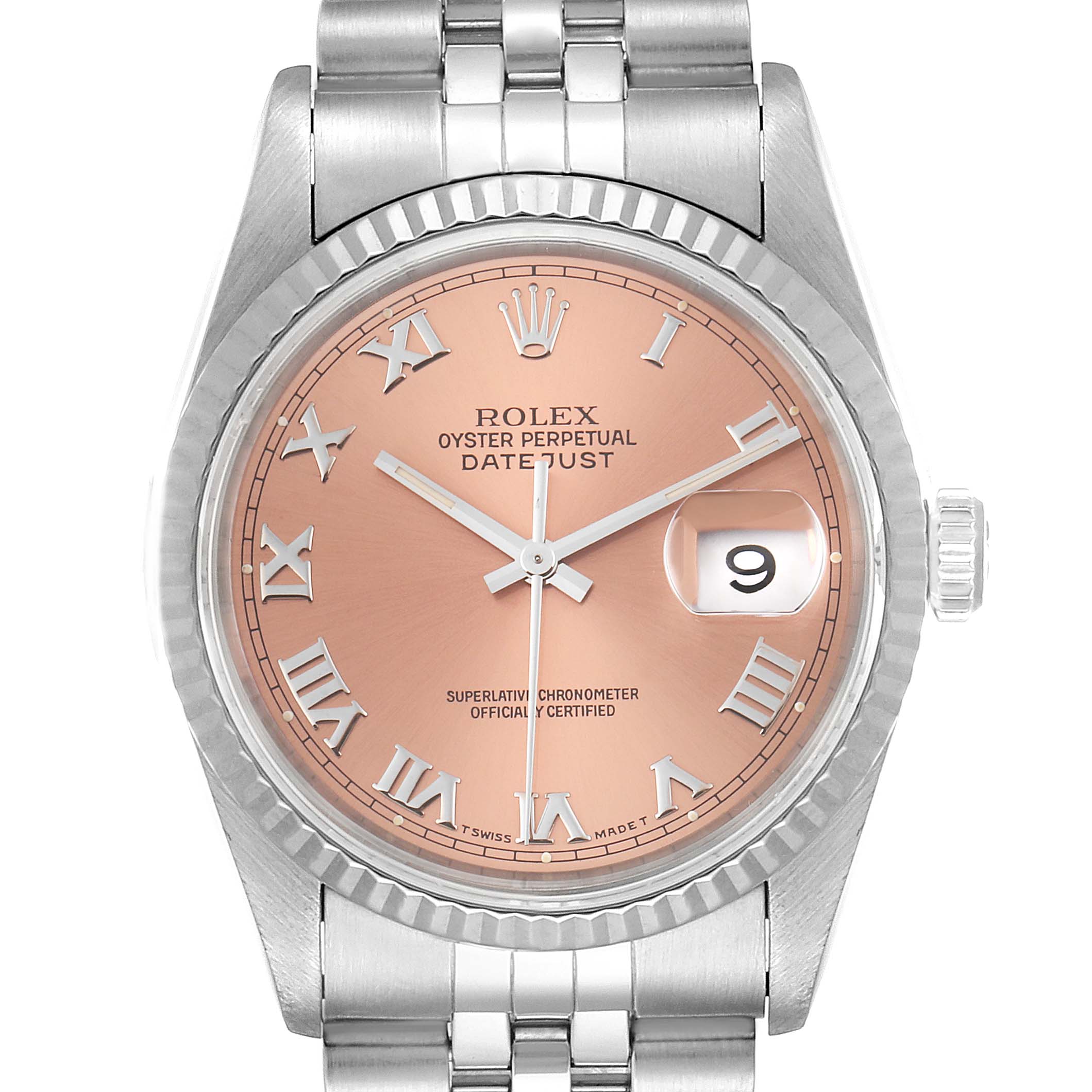 This image shows a frontal view of the Rolex Datejust 16234 Men's Stainless Steel Pink Dial 16234 Men's Stainless Steel Pink Dial model, highlighting the dial, bezel, and part of the bracelet.