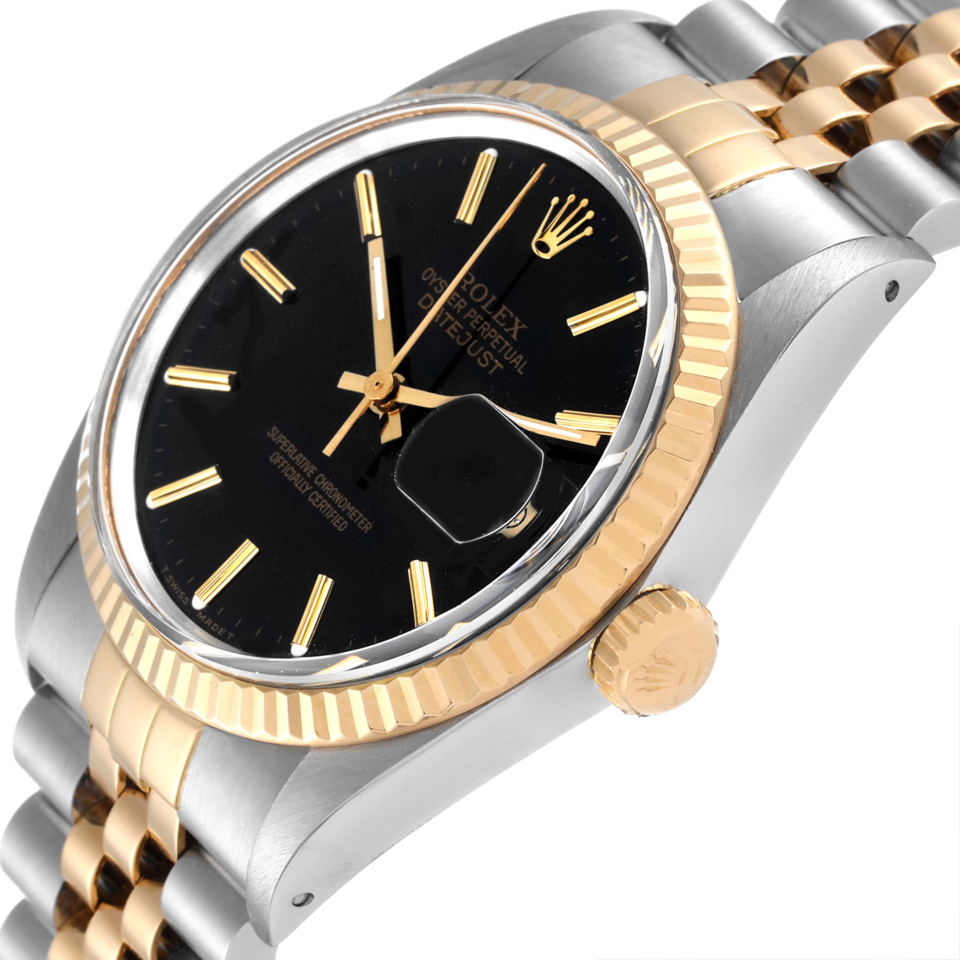 The Vintage Collection Rolex watch is shown from a side angle, highlighting the black dial, gold hour markers, fluted bezel, and two-tone bracelet.