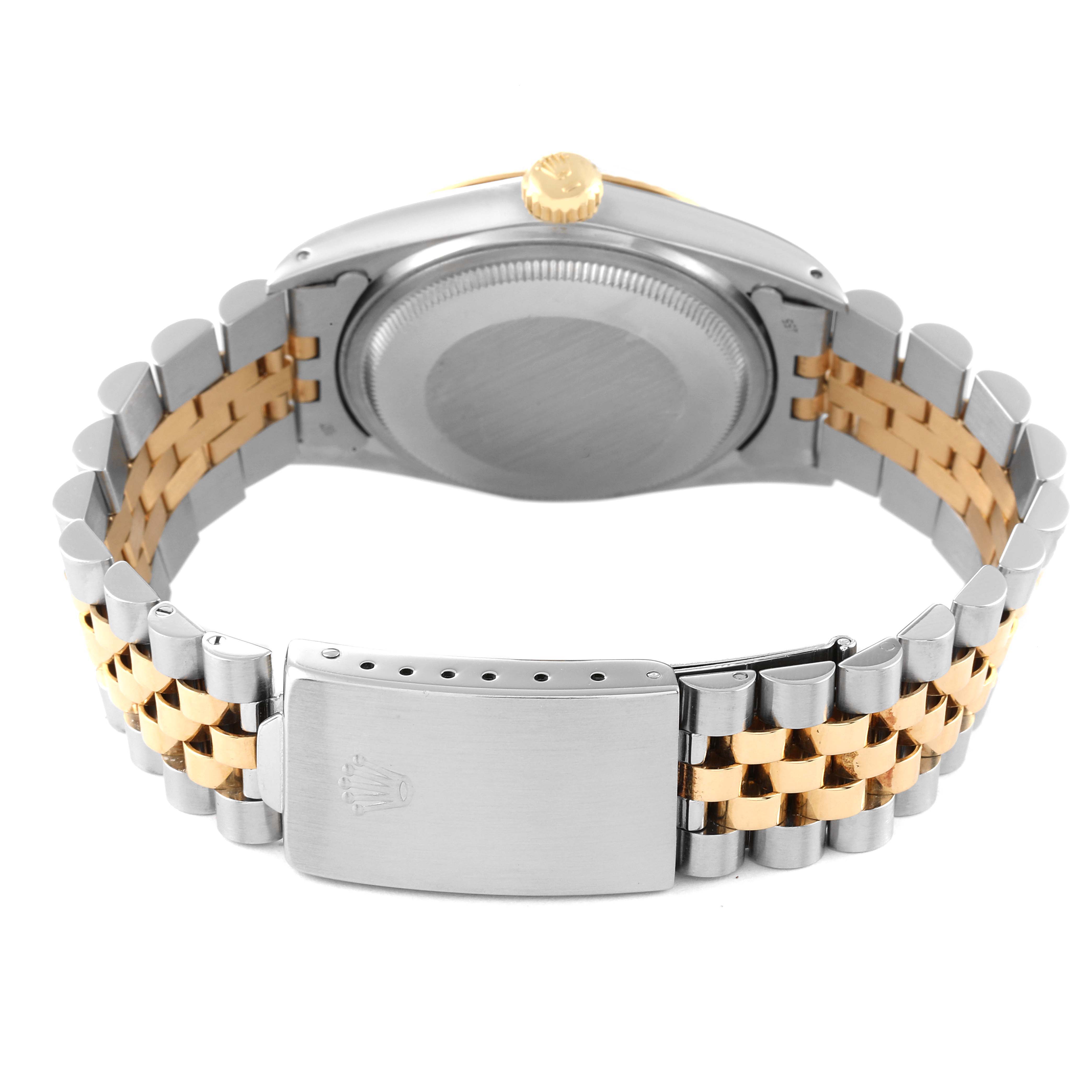 This image shows the back case and metal bracelet of the Vintage Collection Rolex watch, featuring a two-tone gold and silver design.