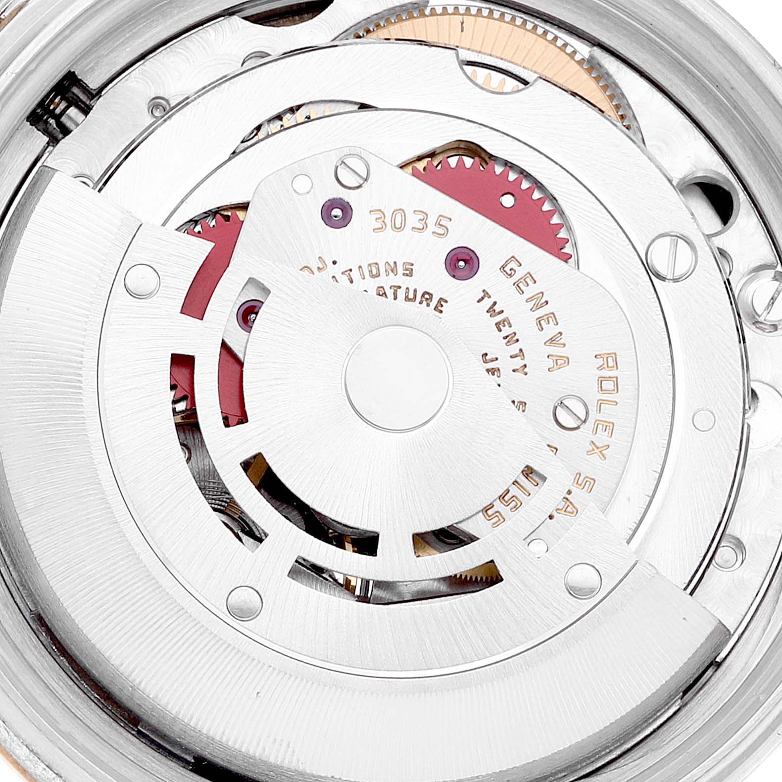 This is a close-up view of the movement mechanism inside a Vintage Collection model by Rolex.