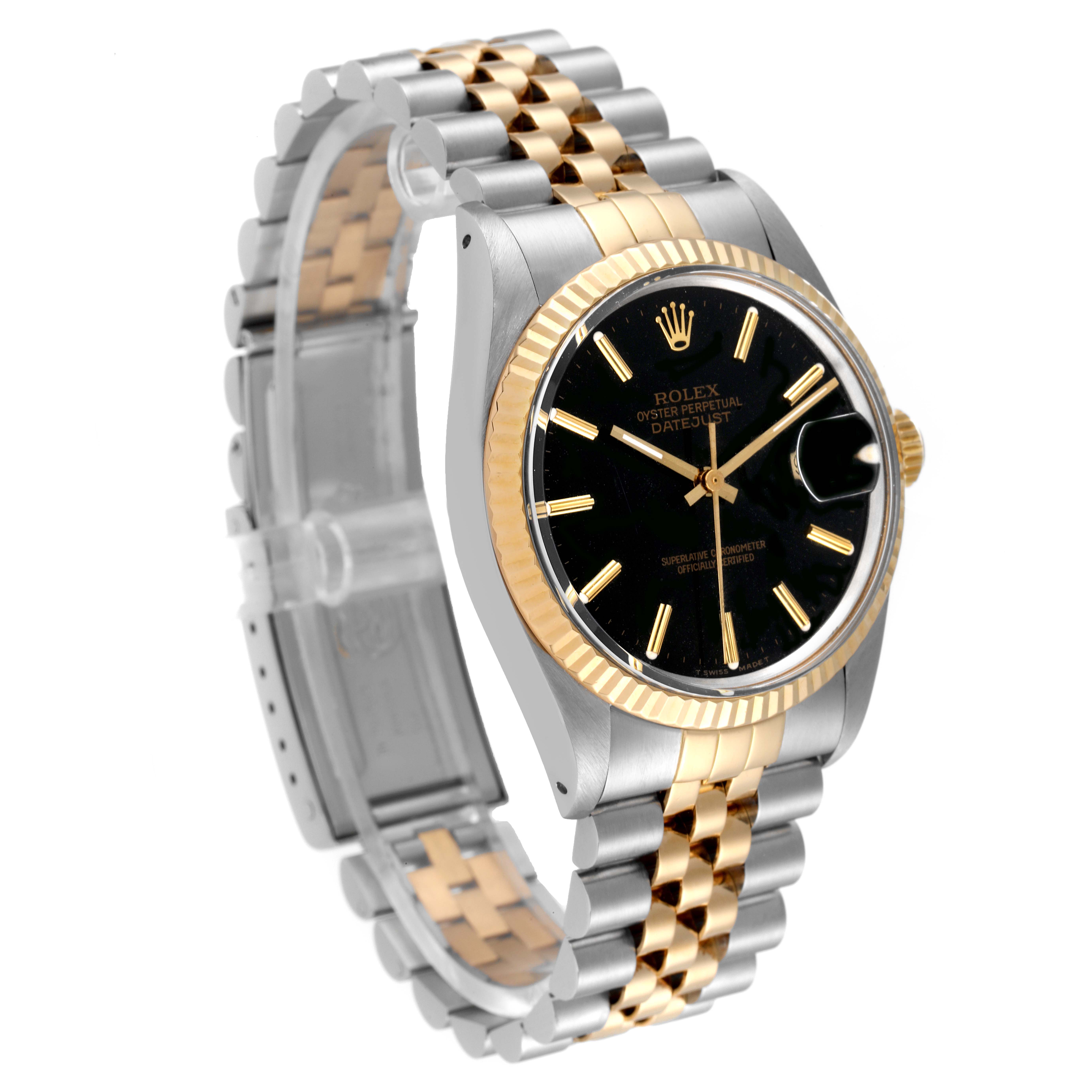 The image shows a Rolex Vintage Collection 16013 Men's Steel and Gold (two tone) Black Dial 16013 Men's Steel and Gold (two tone) Black Dial watch, angled to display the face, bezel, and part of the bracelet.