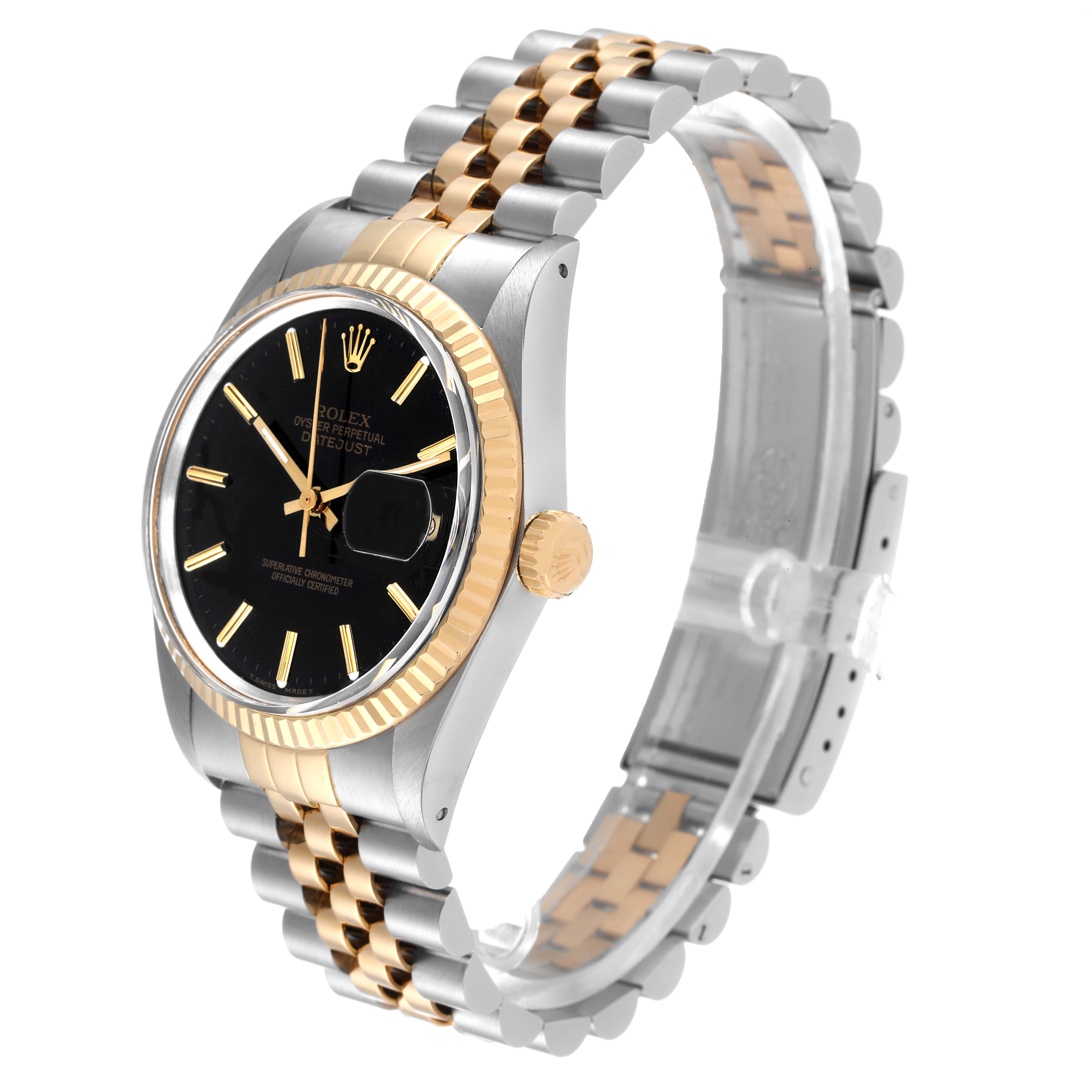 The image shows a Vintage Collection Rolex watch at a 3/4 angle, featuring a two-tone band, black dial, and fluted bezel.