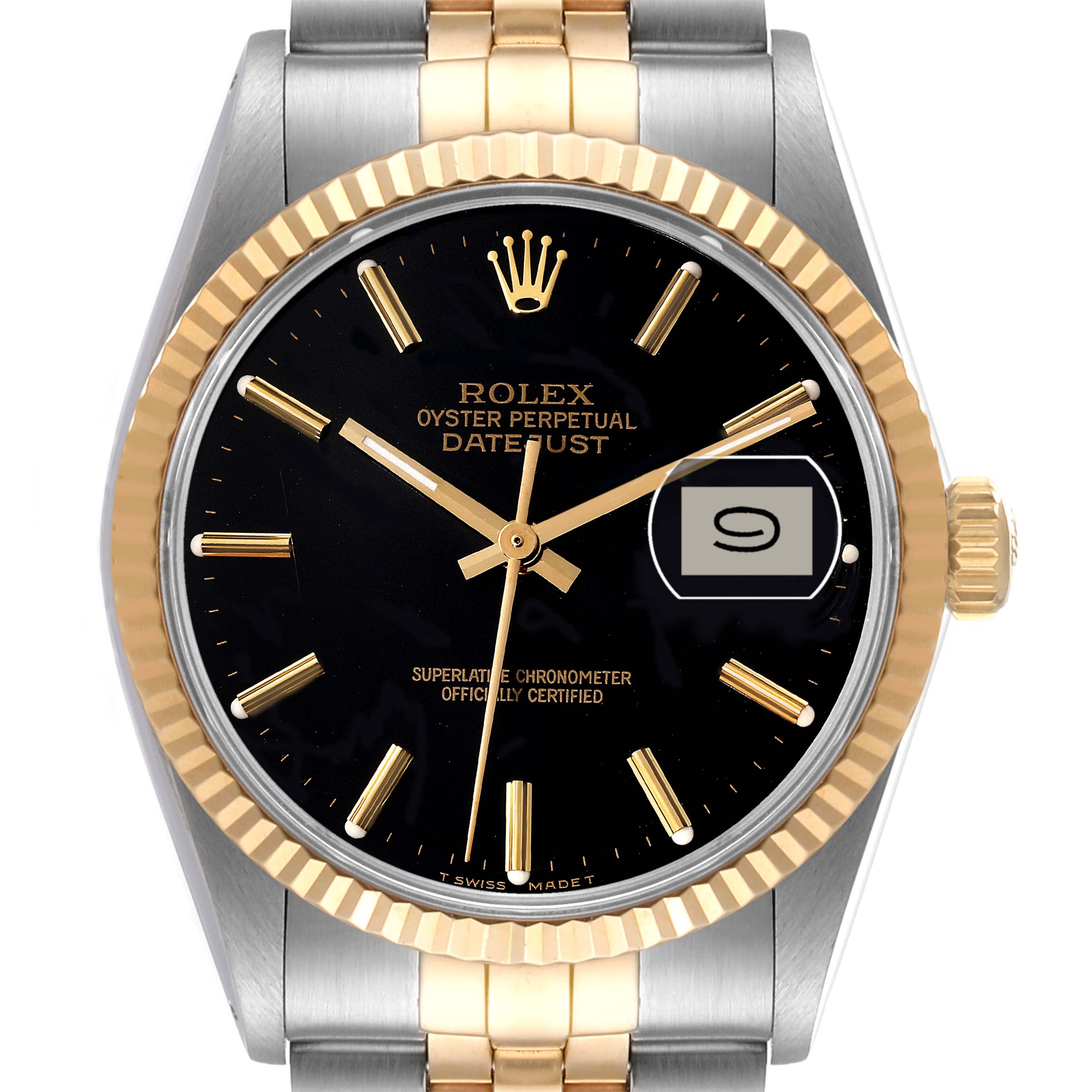 This image shows a frontal view of the Vintage Collection Rolex Oyster Perpetual Datejust, highlighting its dial, bezel, and bracelet.